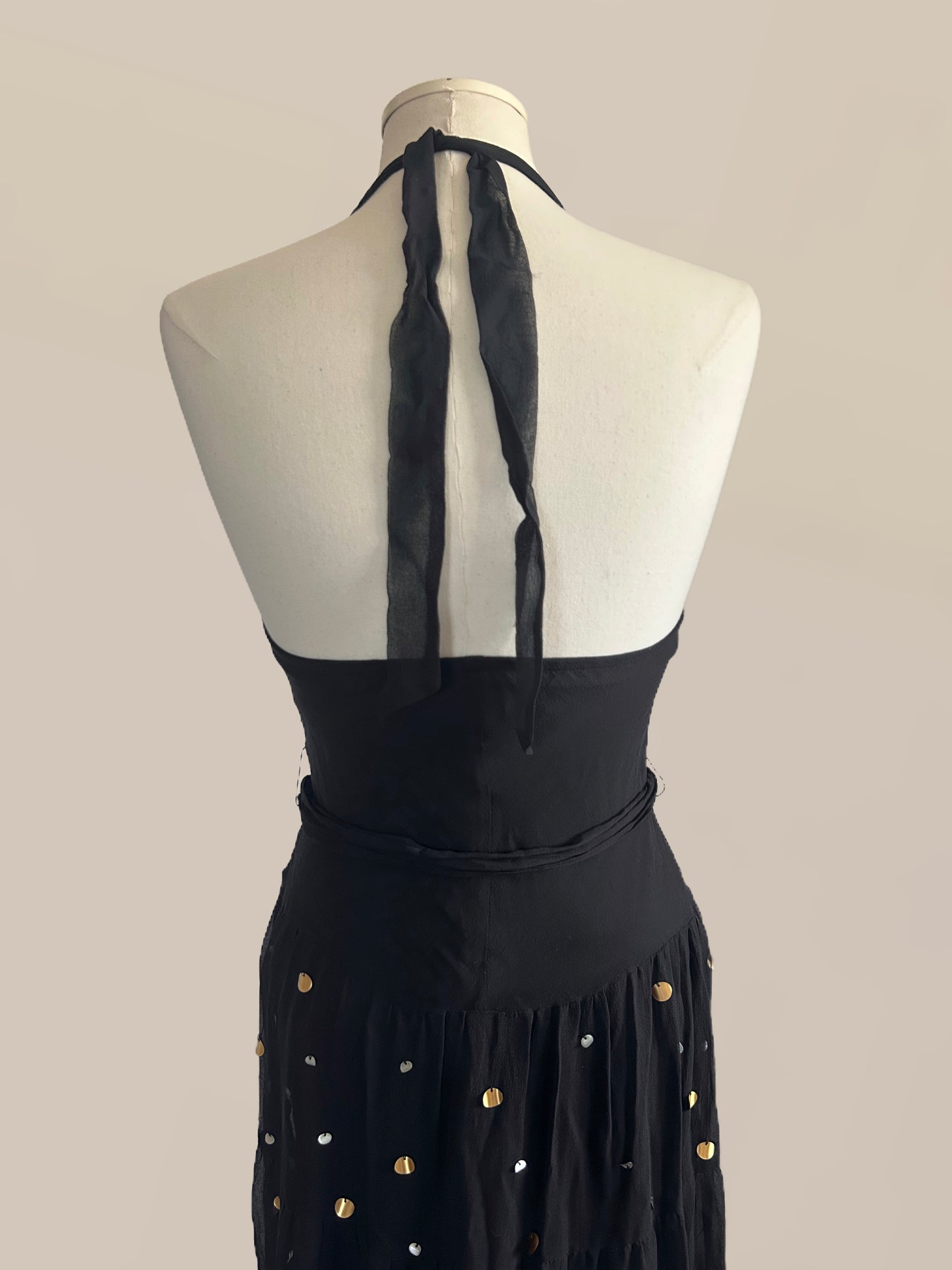 Vintage Black Silk Halter Dress with Gold & Silver Paillette Sequins | 90s / Y2K Dress
