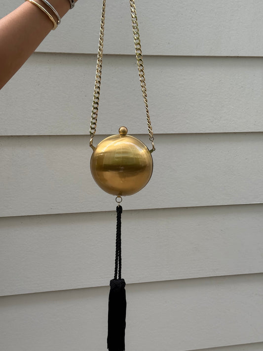 Vintage Gold Sphere Evening Bag with Dramatic Black Tassel | Statement Cocktail Clutch