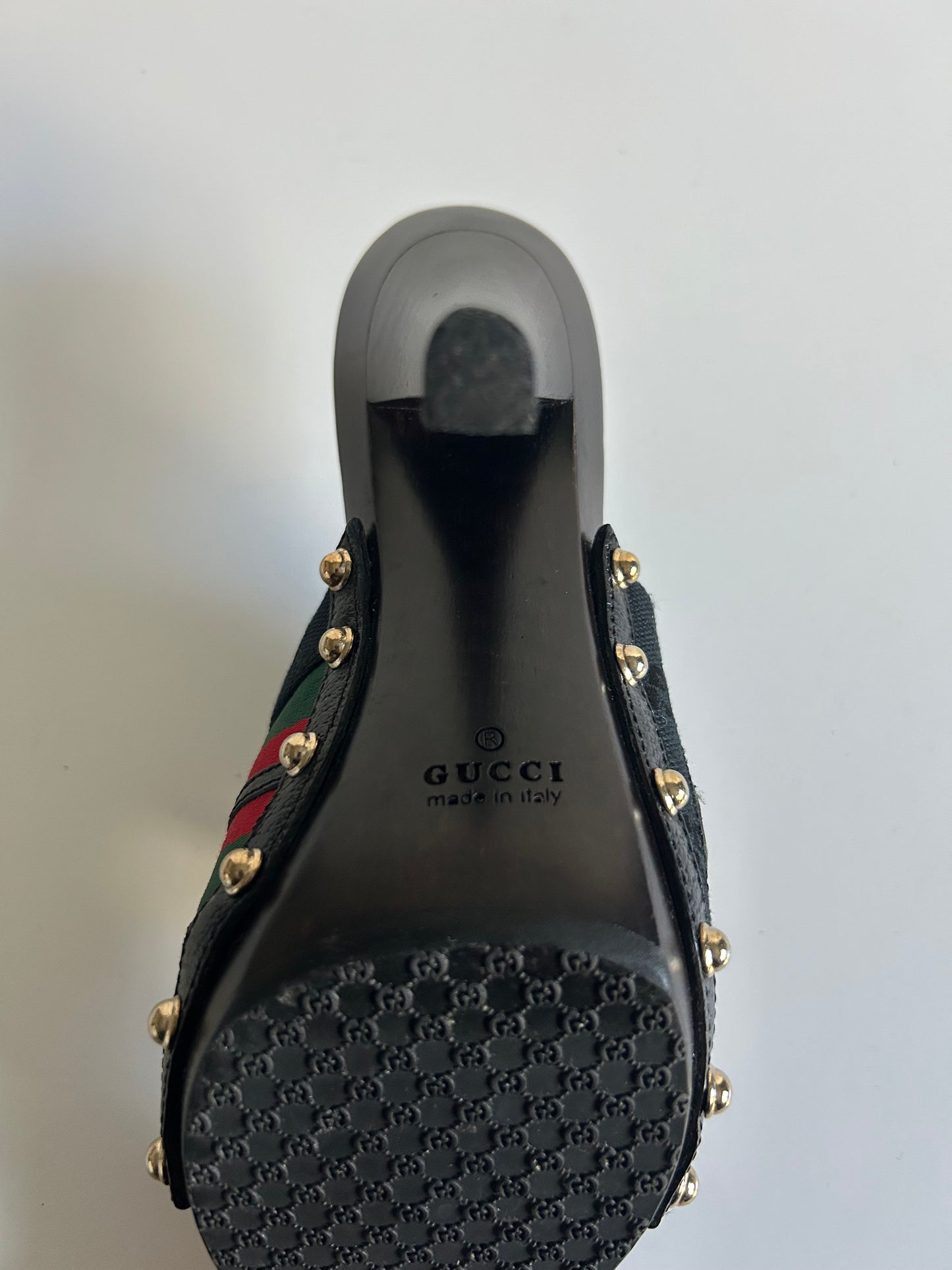 Designer Vintage Gucci Web Stripe Horsebit Mule Heels – Black Canvas & Wood Clog – Early 2000s