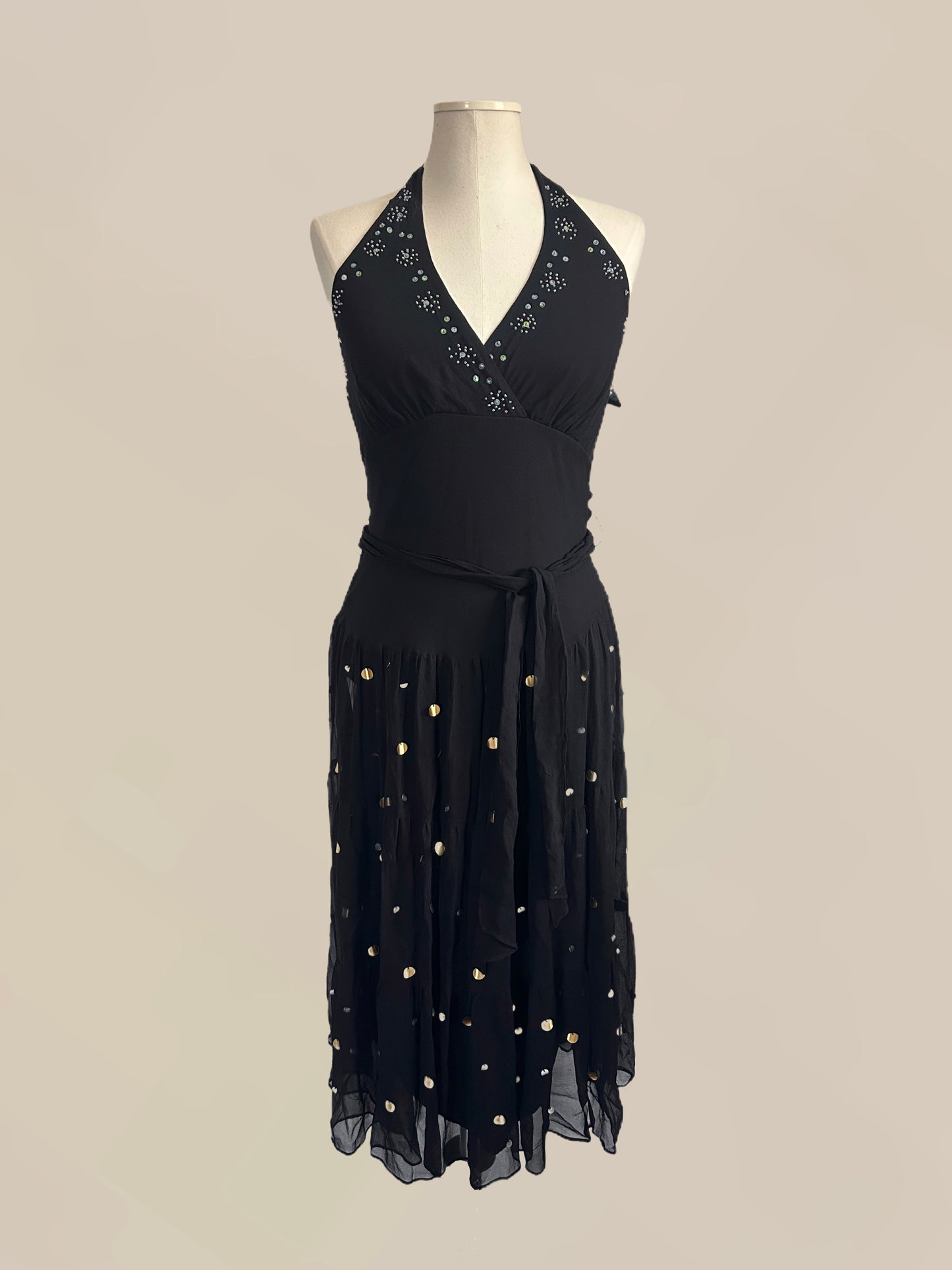 Vintage Black Silk Halter Dress with Gold & Silver Paillette Sequins | 90s / Y2K Dress