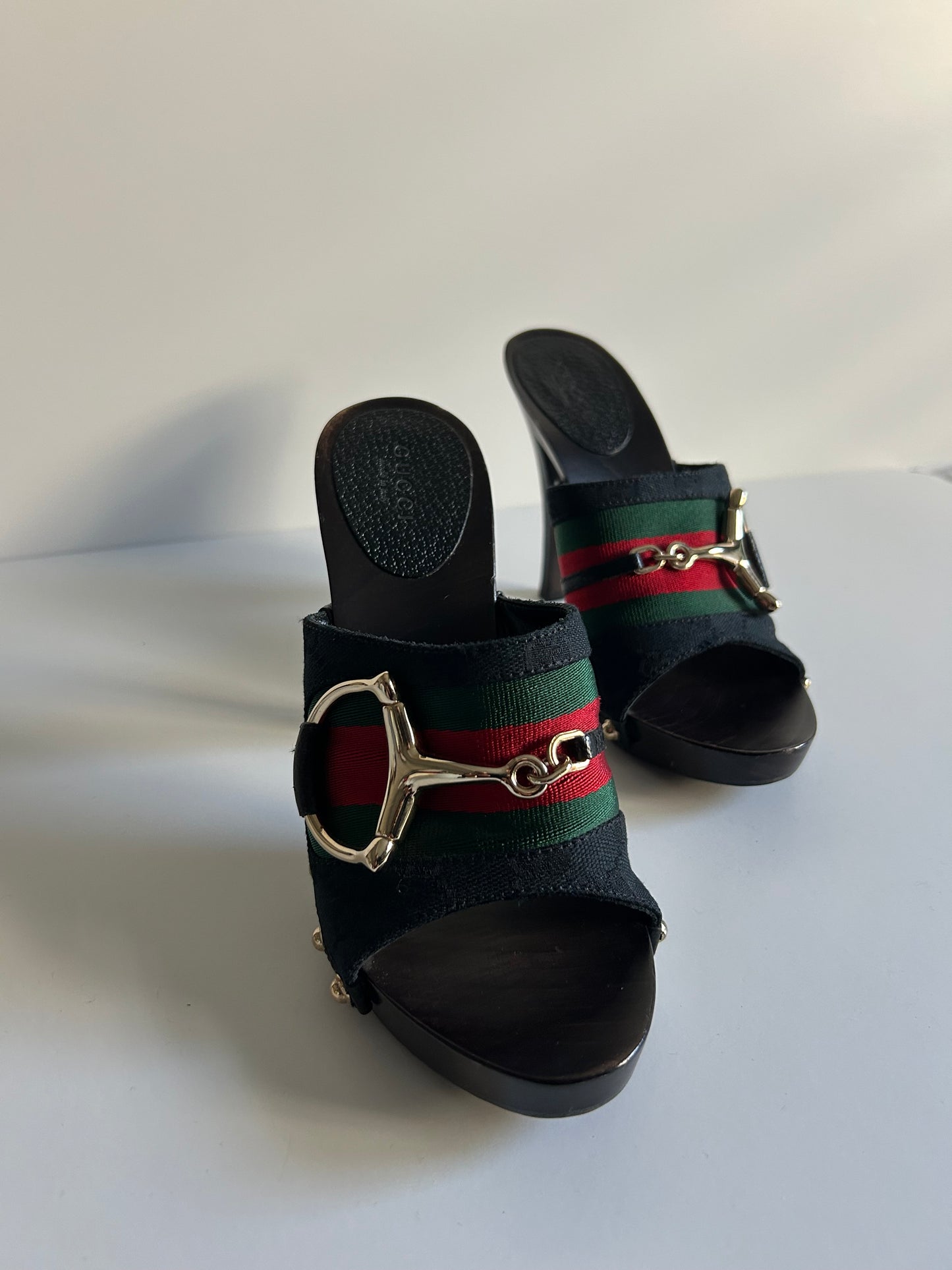 Designer Vintage Gucci Web Stripe Horsebit Mule Heels – Black Canvas & Wood Clog – Early 2000s