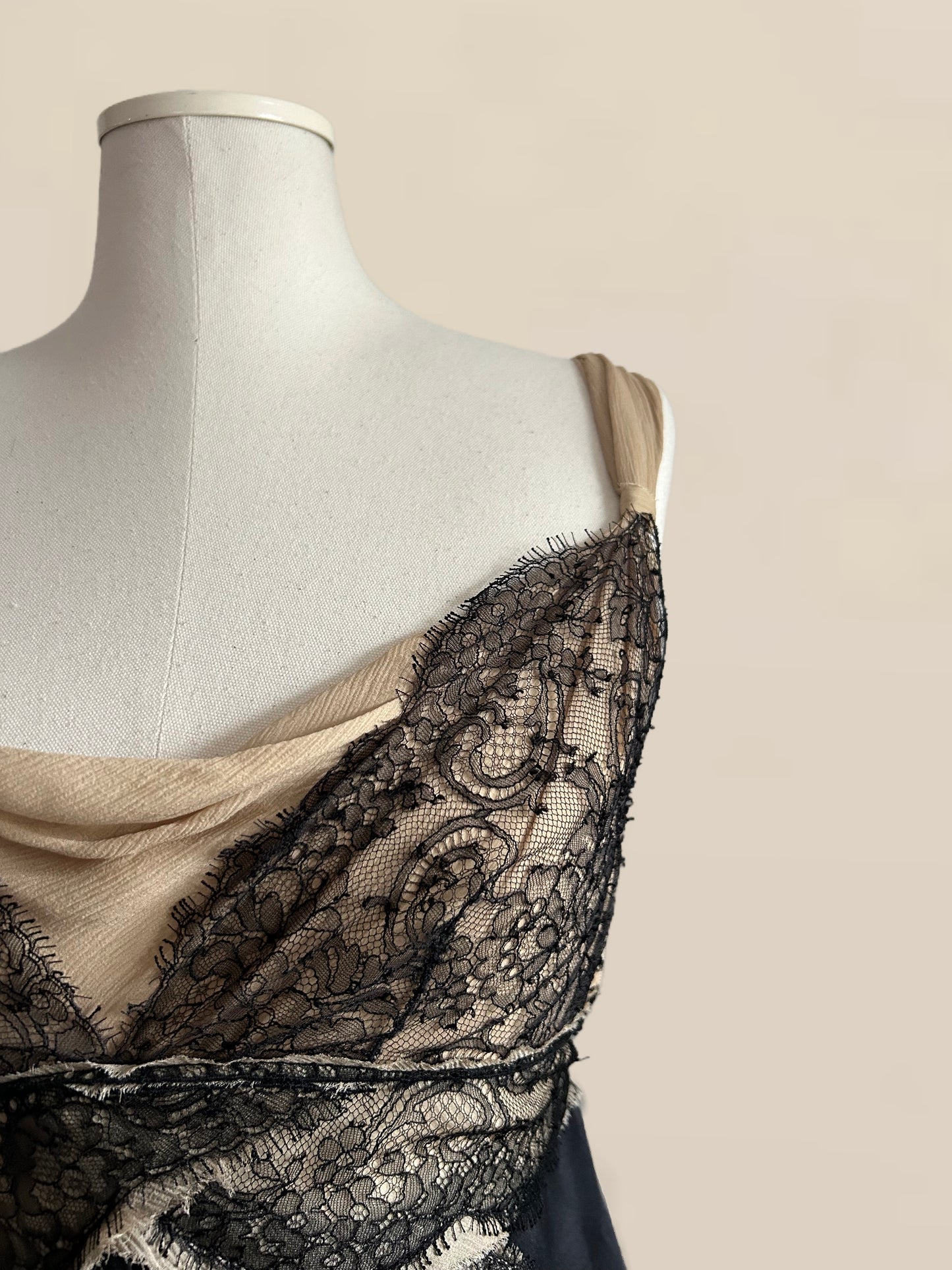 Designer Vintage Prada Silk & Lace Babydoll Top – Nude and Black IT 40