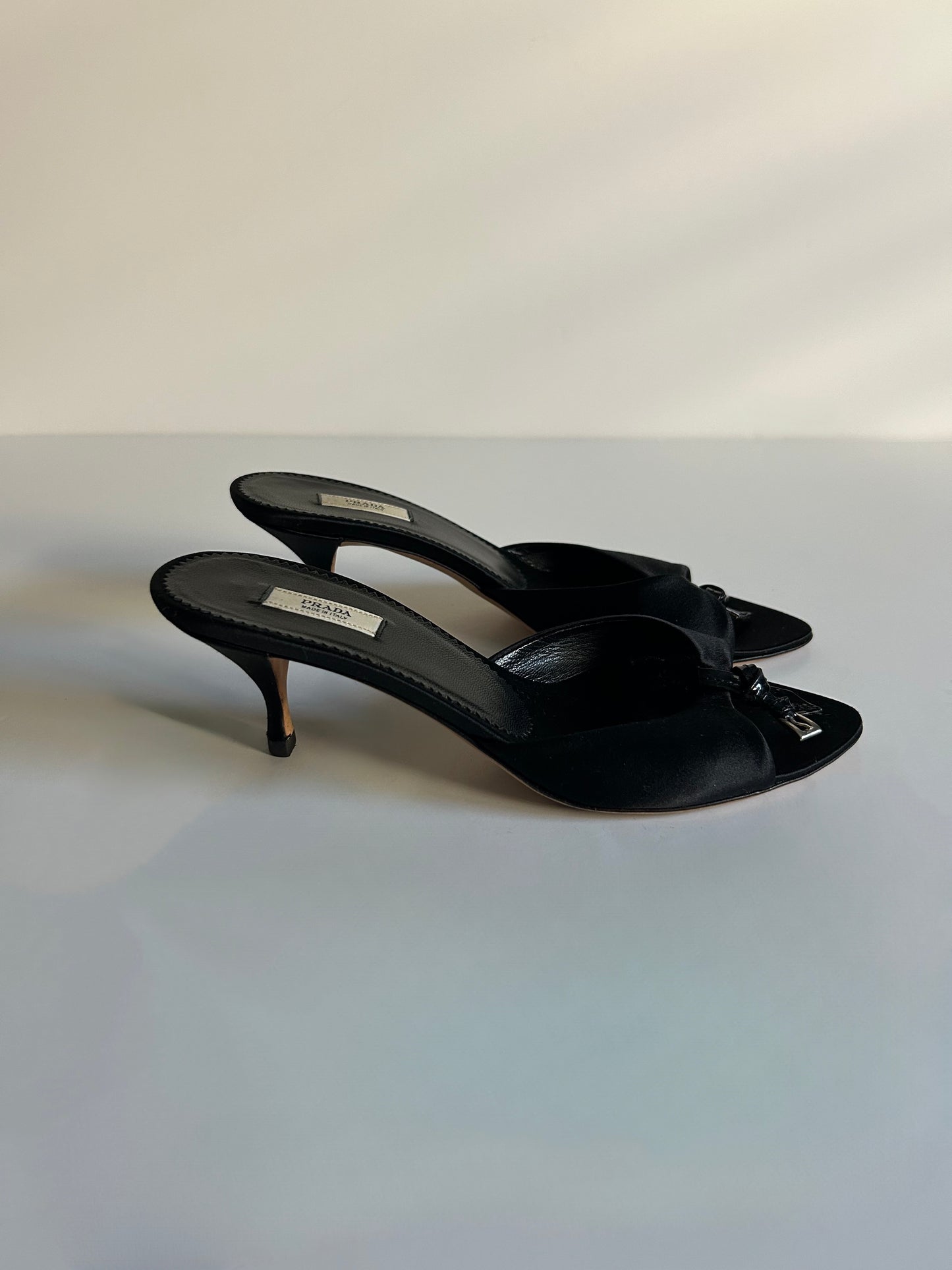 Designer Vintage Prada Black Silk Satin Crystal Logo Mule Heels Size 36 Made in Italy