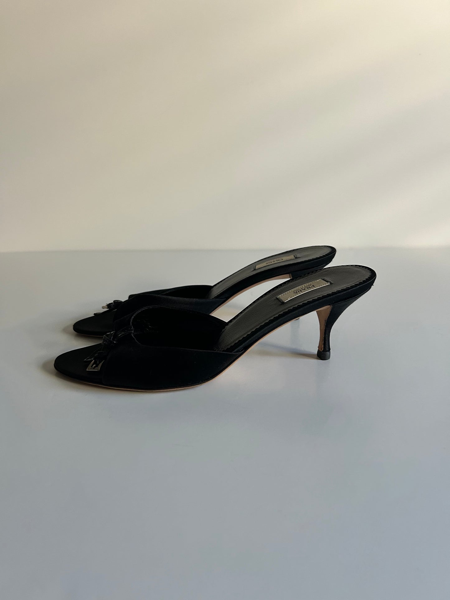 Designer Vintage Prada Black Silk Satin Crystal Logo Mule Heels Size 36 Made in Italy