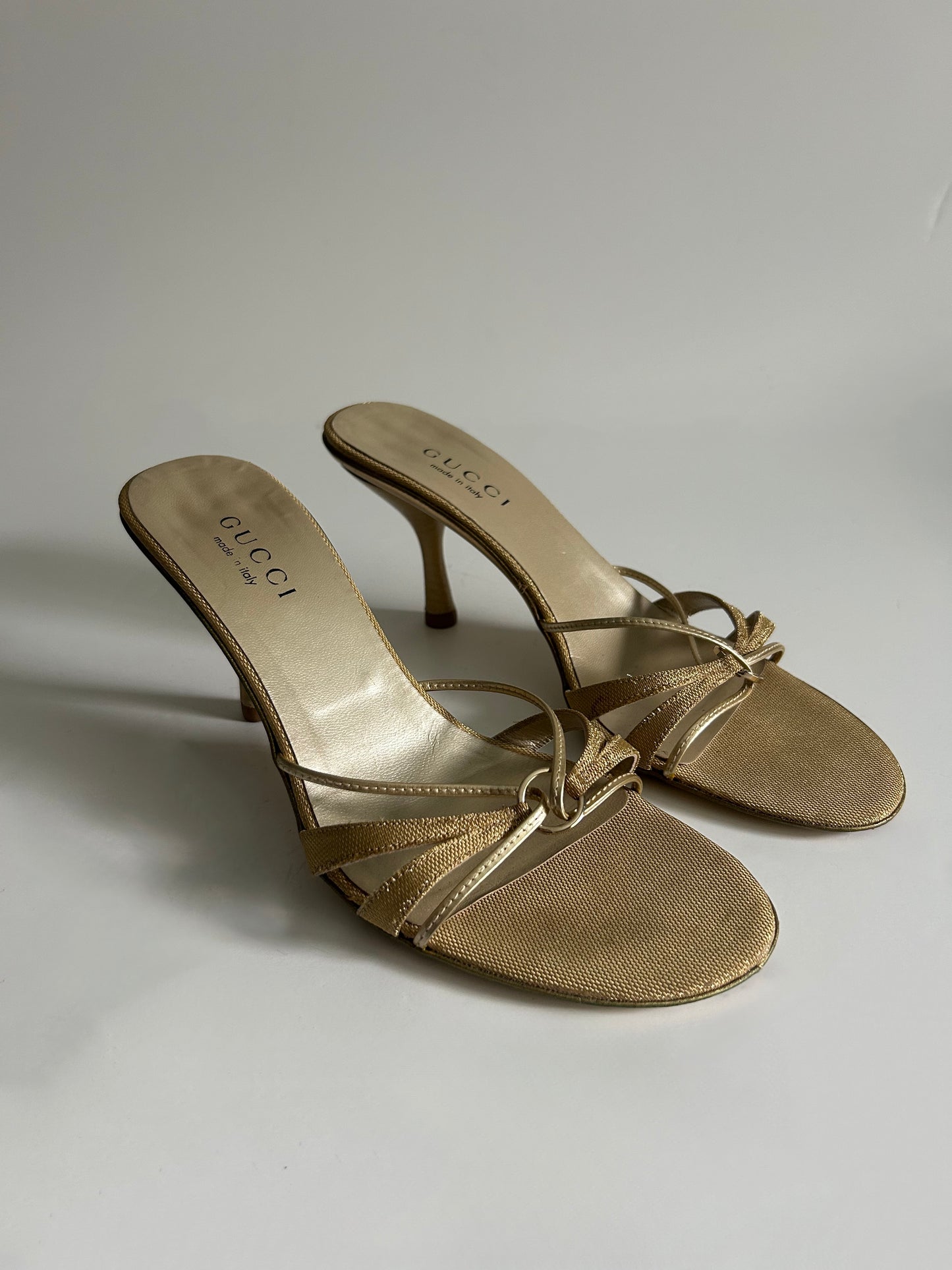 Vintage Gucci Tom Ford Era Gold Strappy Sandals Metallic Heels Made in Italy