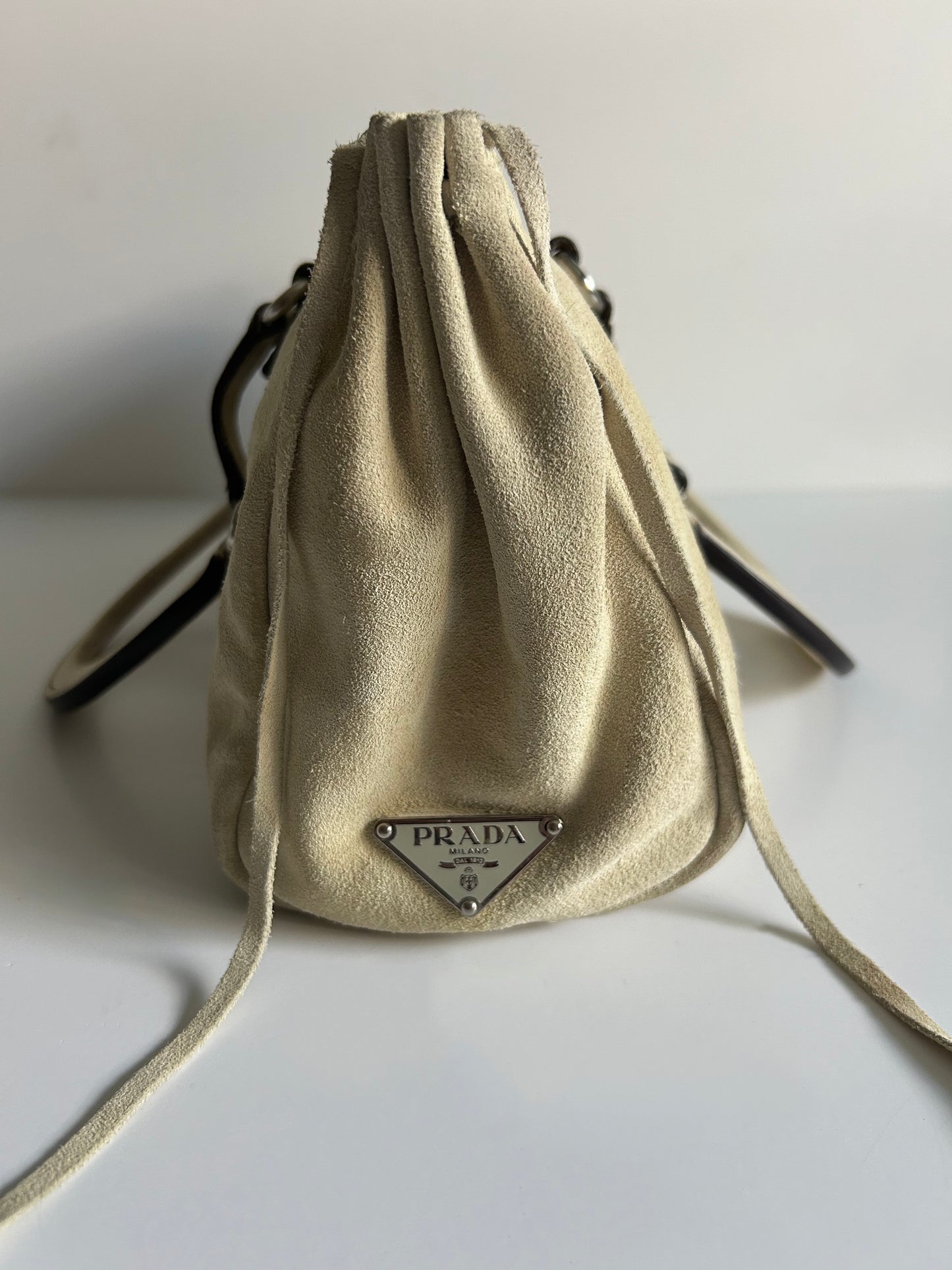 Designer Vintage Prada Suede East-West Tote Bag | Y2K Ivory Leather Shoulder Bag