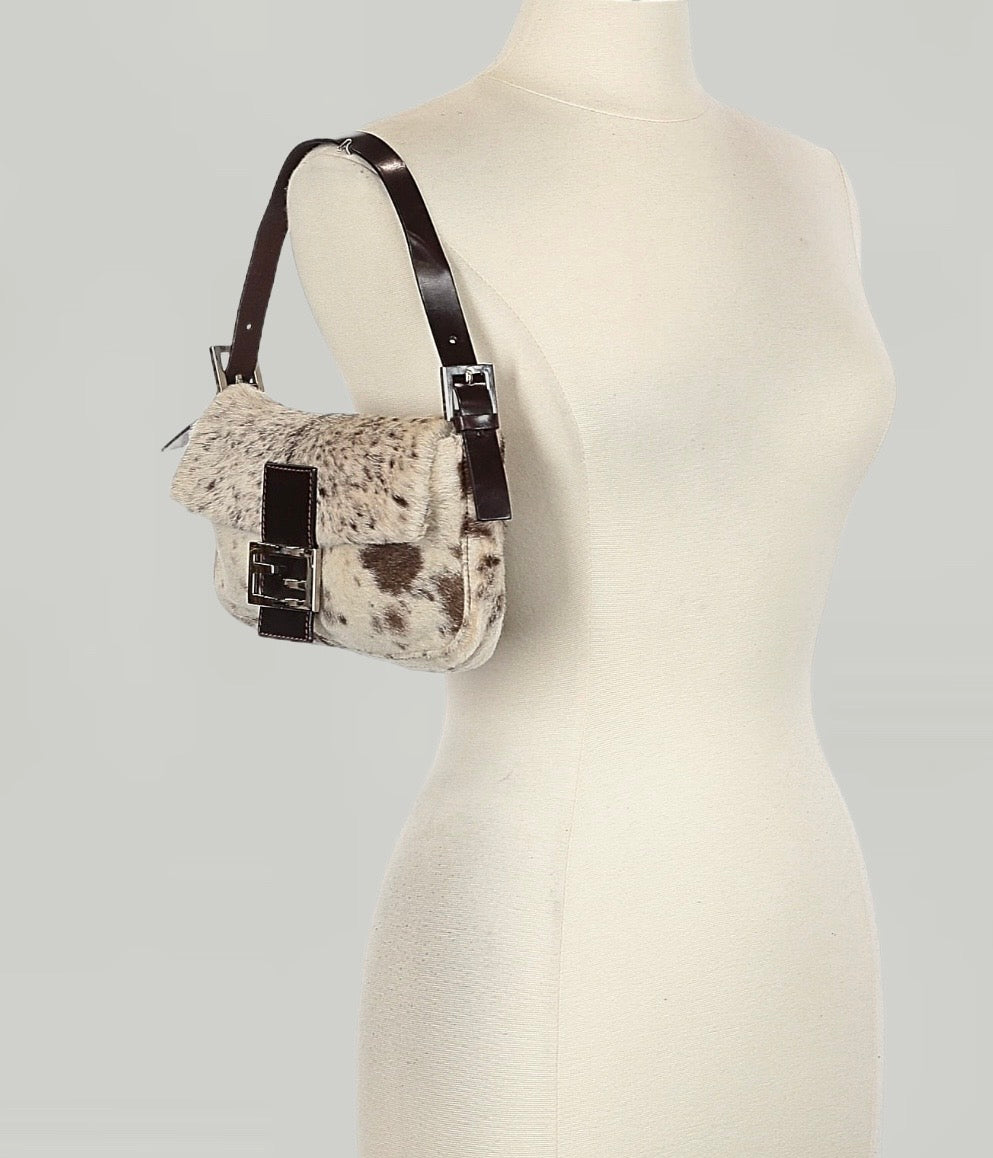 Designer Vintage Fendi Pony Hair Baguette Shoulder Bag | Y2K Spotted Calf Hair FF Buckle Bag