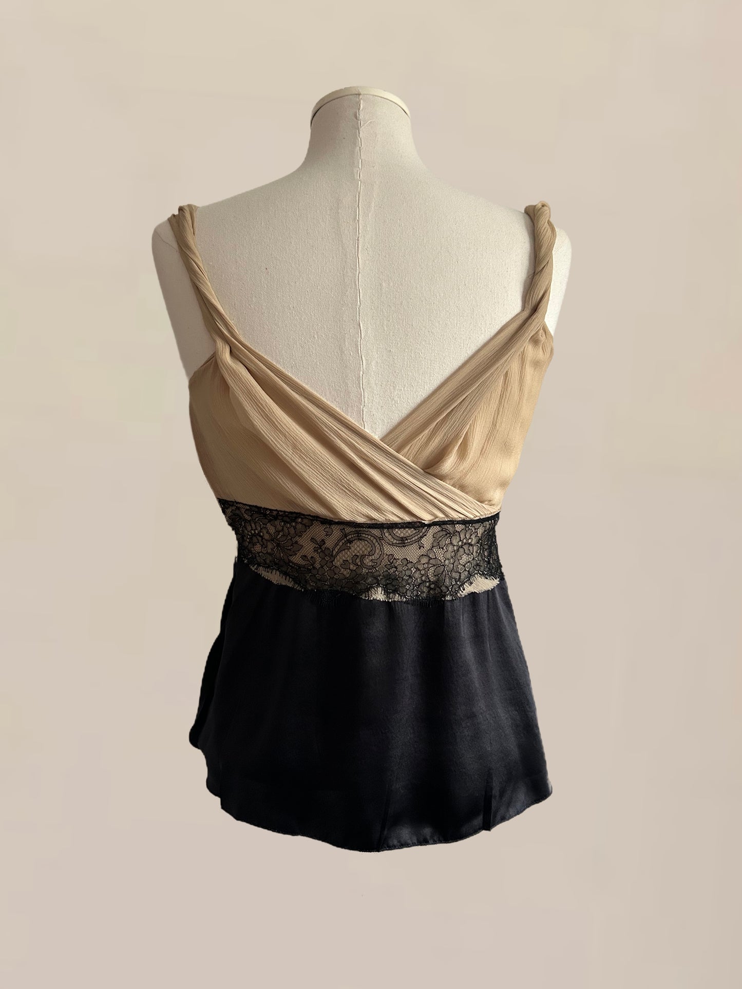 Designer Vintage Prada Silk & Lace Babydoll Top – Nude and Black IT 40