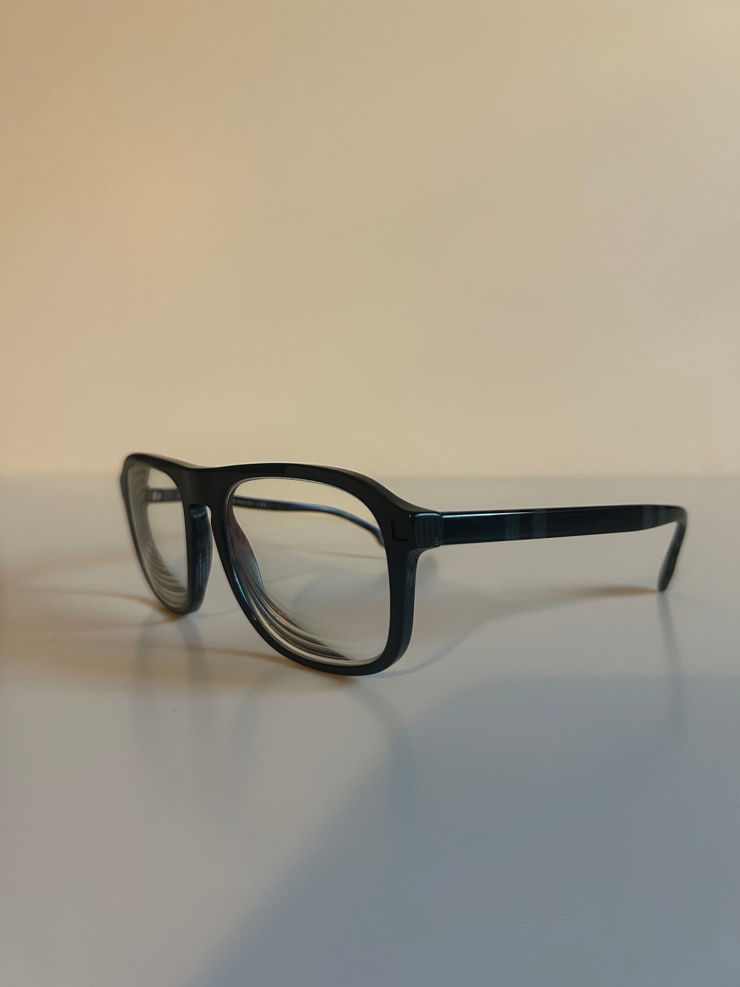 Burberry Navy Acetate Aviator Eyeglasses with Plaid Temples