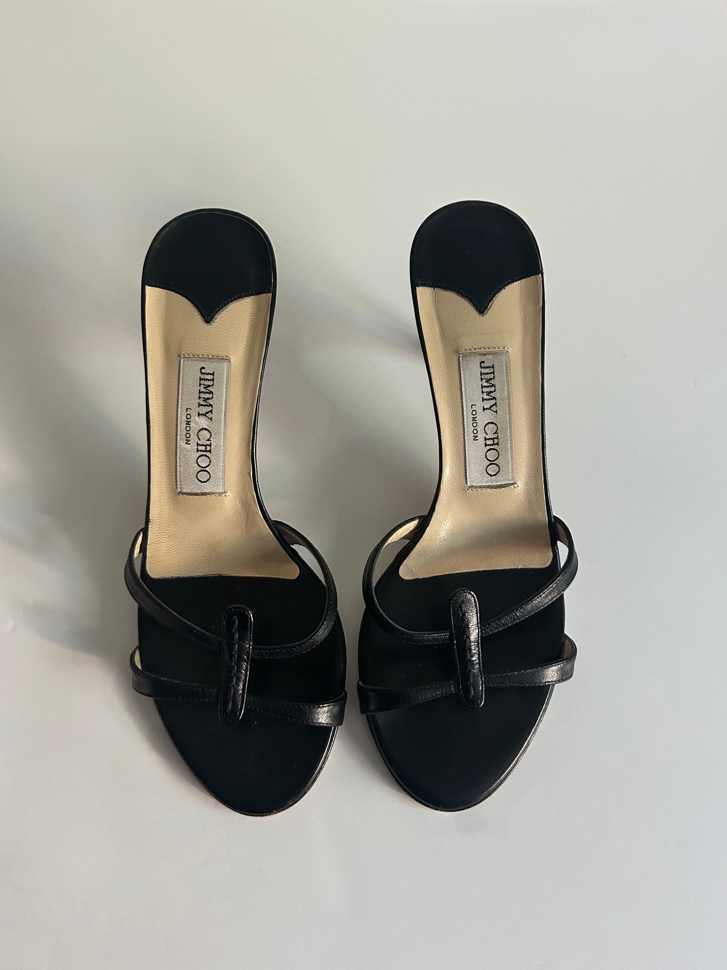 Designer Vintage Jimmy Choo London Black Leather Thong Mule Heels Y2K Sandals