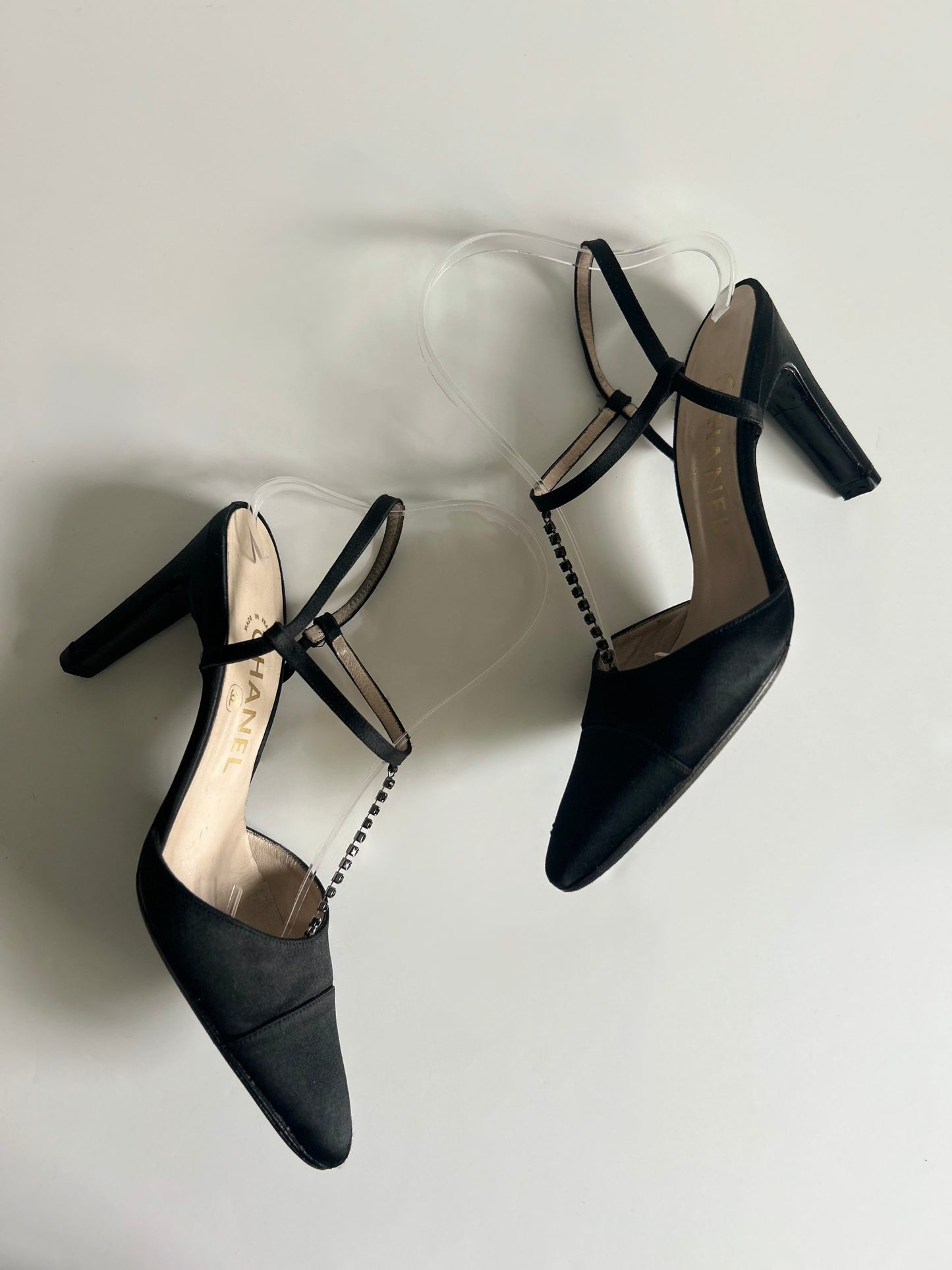 Designer Vintage Chanel Black Satin T-Strap Heels with Crystal Chain Detail - 1990s to early 2000s (Karl Lagerfeld era)