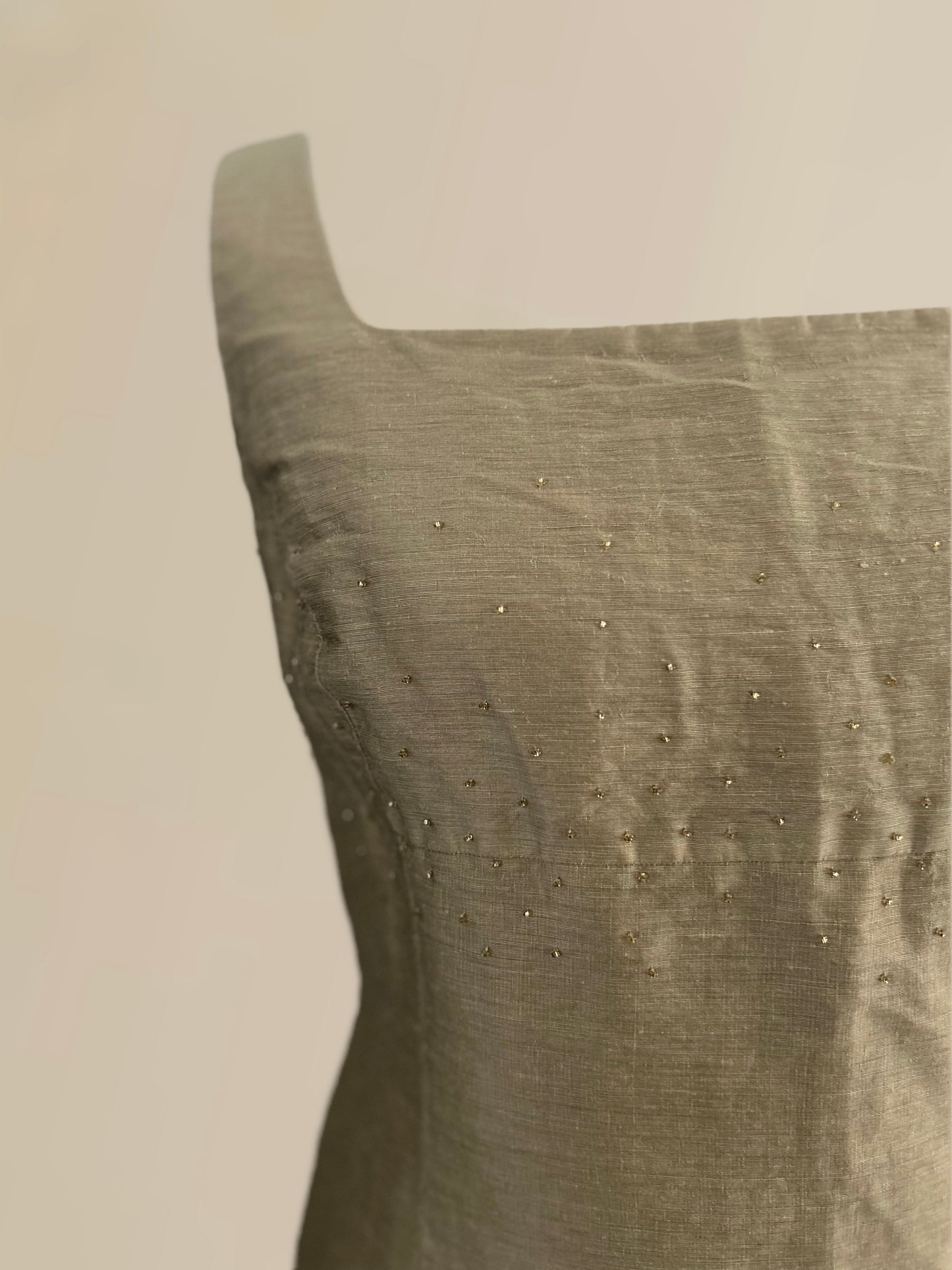 Vintage Olive Linen–Silk Beaded Square Neck Dress
