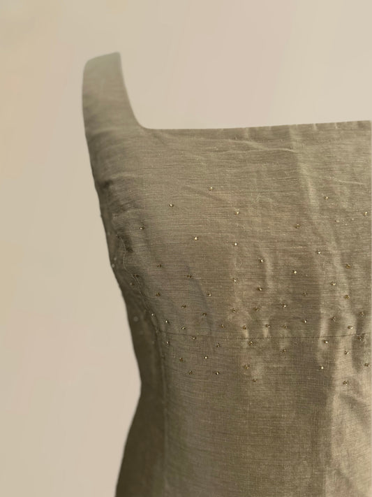 Vintage Olive Linen–Silk Beaded Square Neck Dress