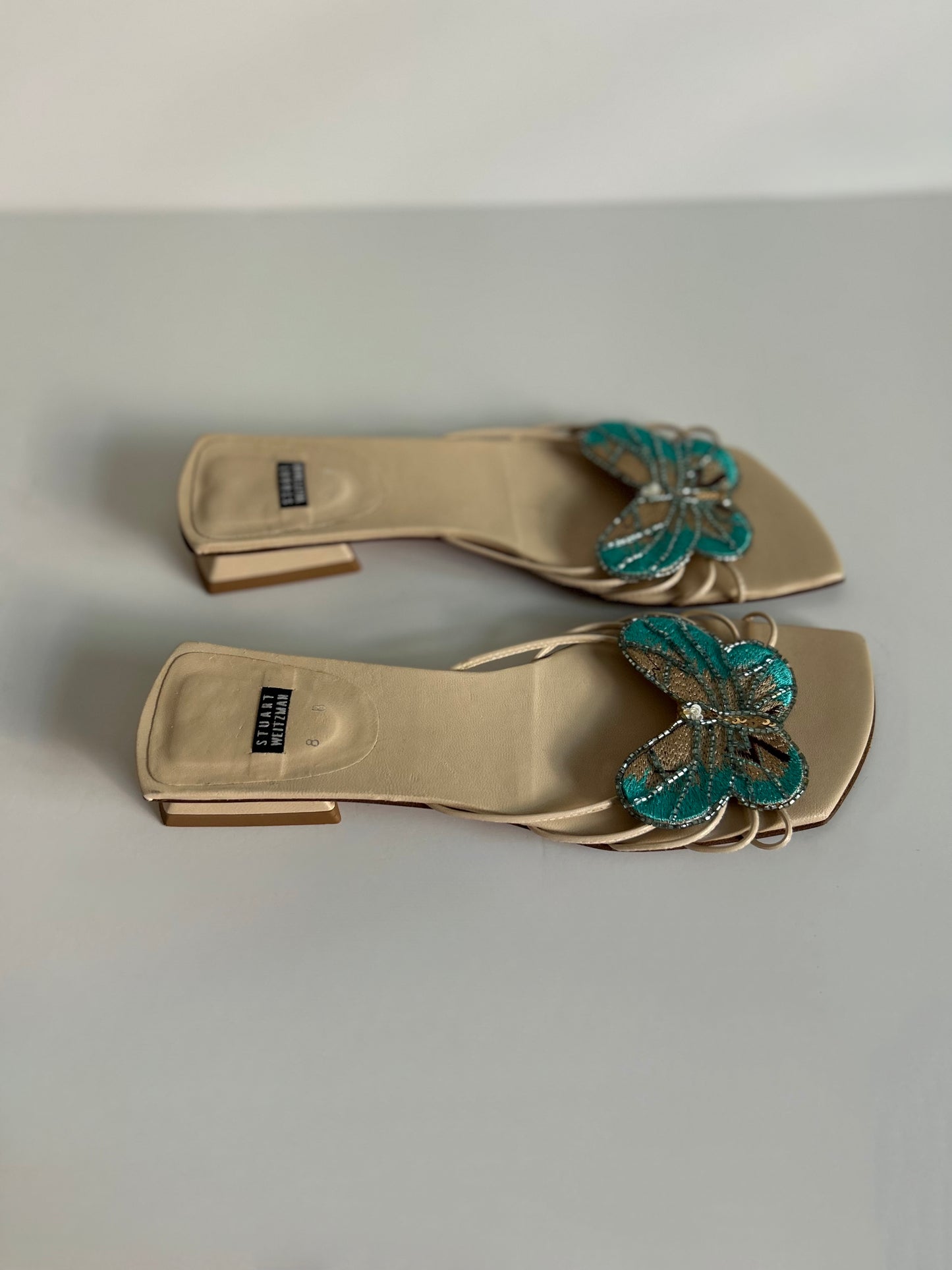 Designer Vintage Stuart Weitzman Butterfly Embellished Mule Heels Size 8 Beaded Y2K Sandals