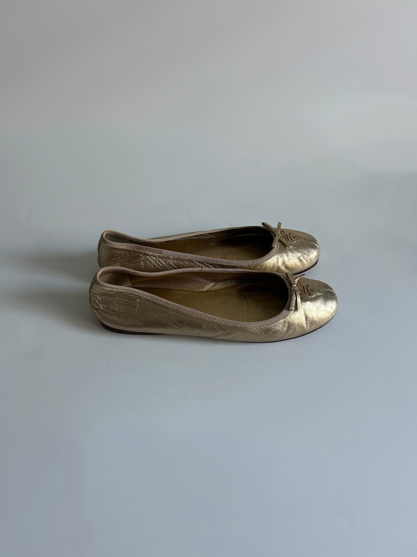 Designer Vintage Prada Metallic Gold Leather Ballet Flats Y2K Designer Shoes Made in Italy