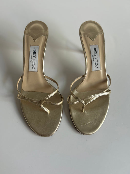Designer Vintage Jimmy Choo Gold Strap Slide Heel Sandals