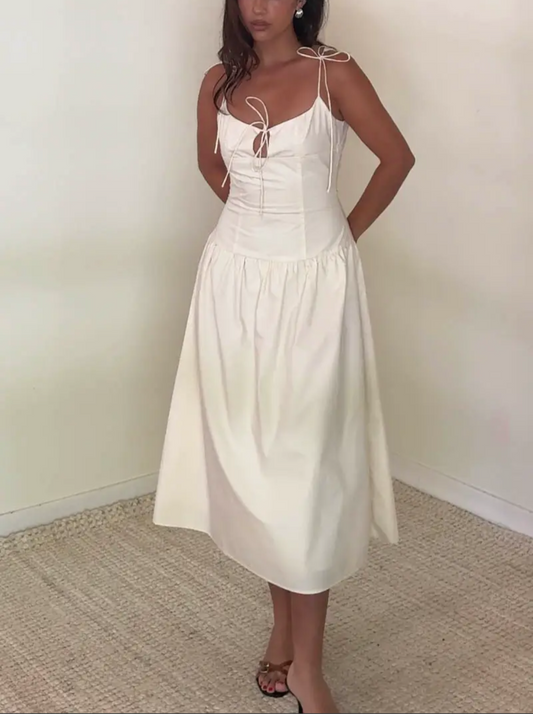Sophisticate Ivory Cotton Drop Waist Tie Front Dress