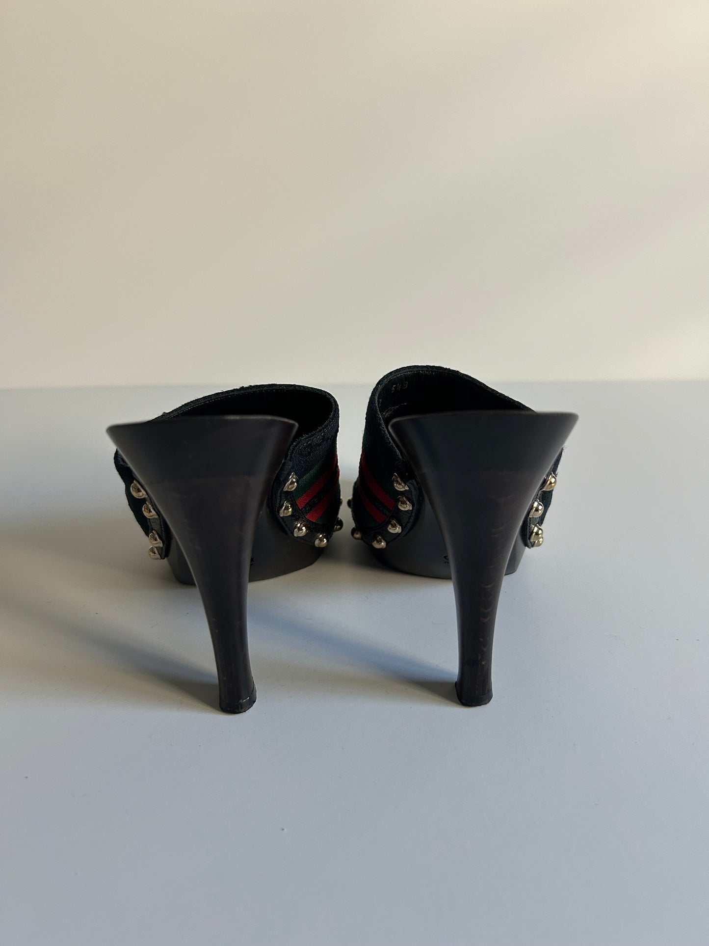 Designer Vintage Gucci Web Stripe Horsebit Mule Heels – Black Canvas & Wood Clog – Early 2000s