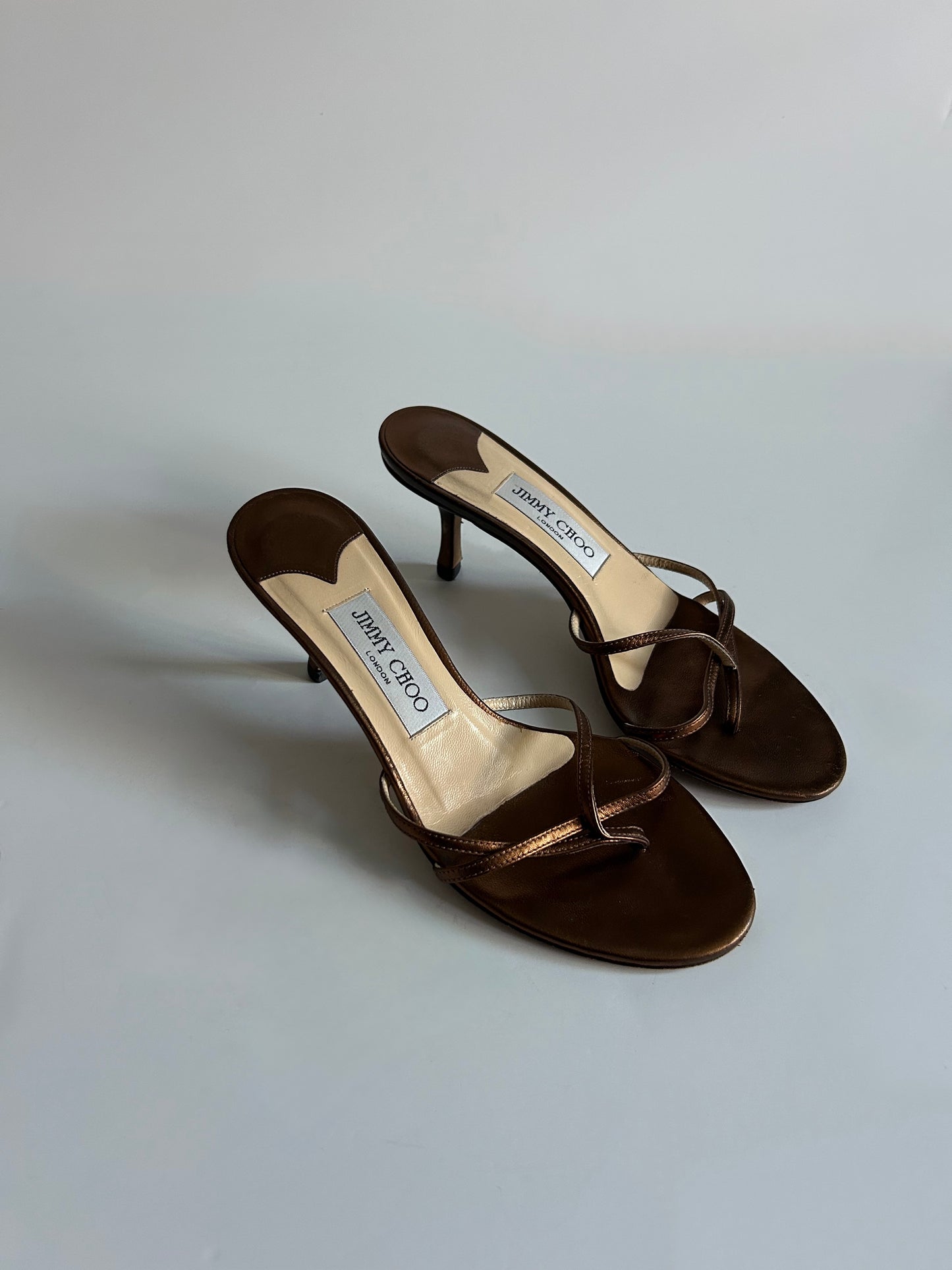 Designer Vintage Jimmy Choo London Metallic Bronze Strappy Mule Heels Y2K Sandals Made in Italy