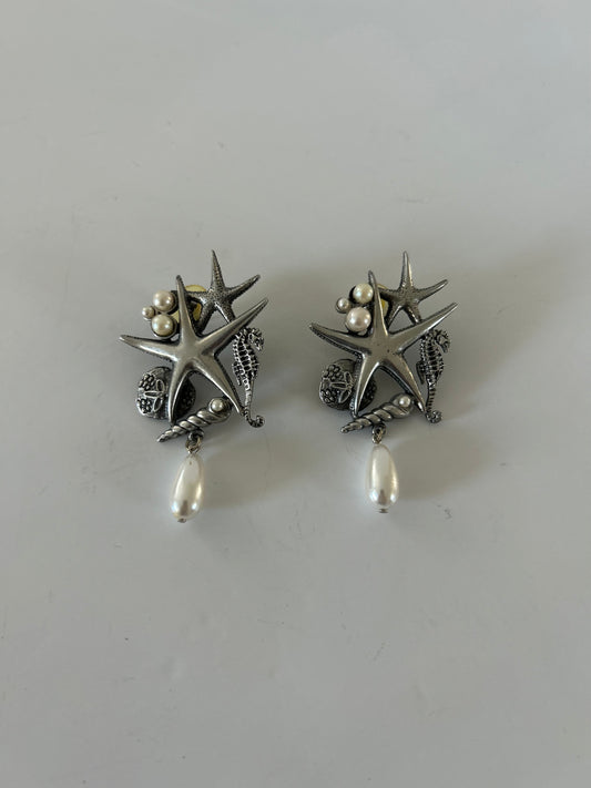Vintage Silver JJ Jonette Beach Theme Star Fish Sea Horse Pearl Earrings