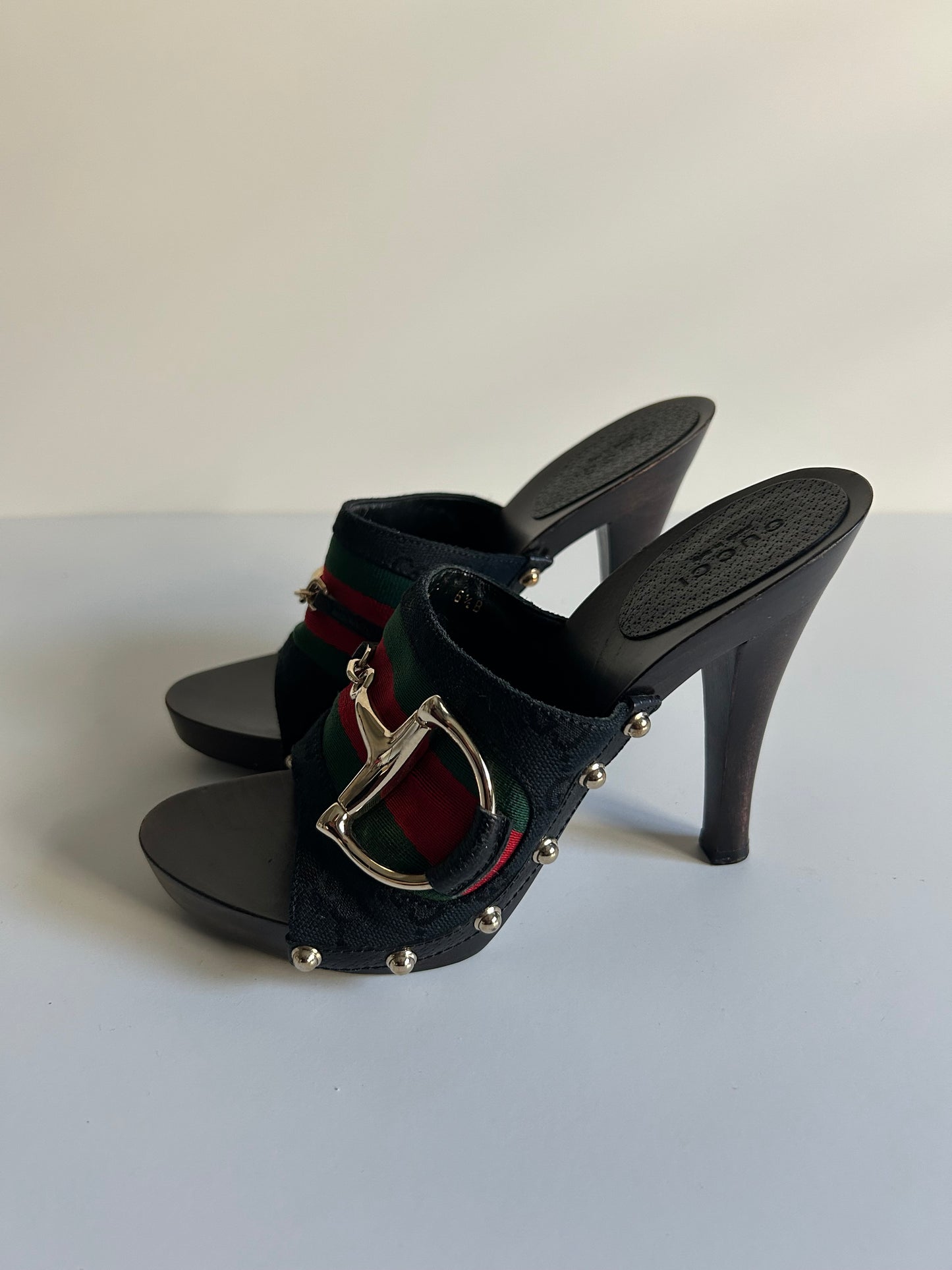 Designer Vintage Gucci Web Stripe Horsebit Mule Heels – Black Canvas & Wood Clog – Early 2000s