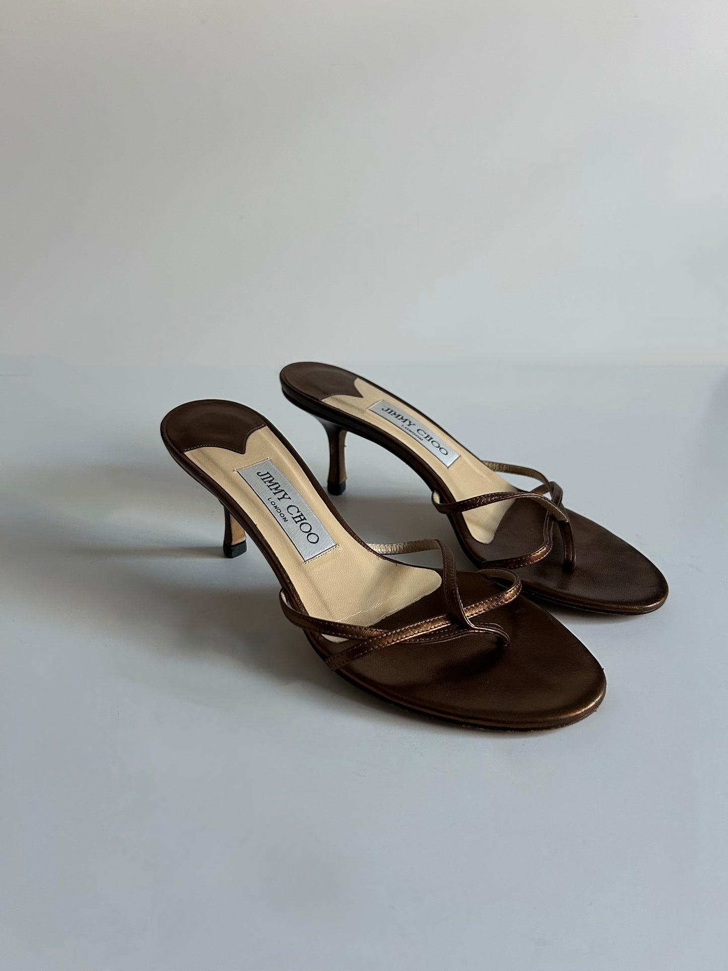 Designer Vintage Jimmy Choo London Metallic Bronze Strappy Mule Heels Y2K Sandals Made in Italy