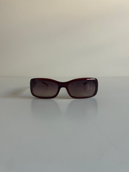 Designer Vintage Rare Chanel Burgundy CC Logo Rectangular Sunglasses (Early 2000s)
