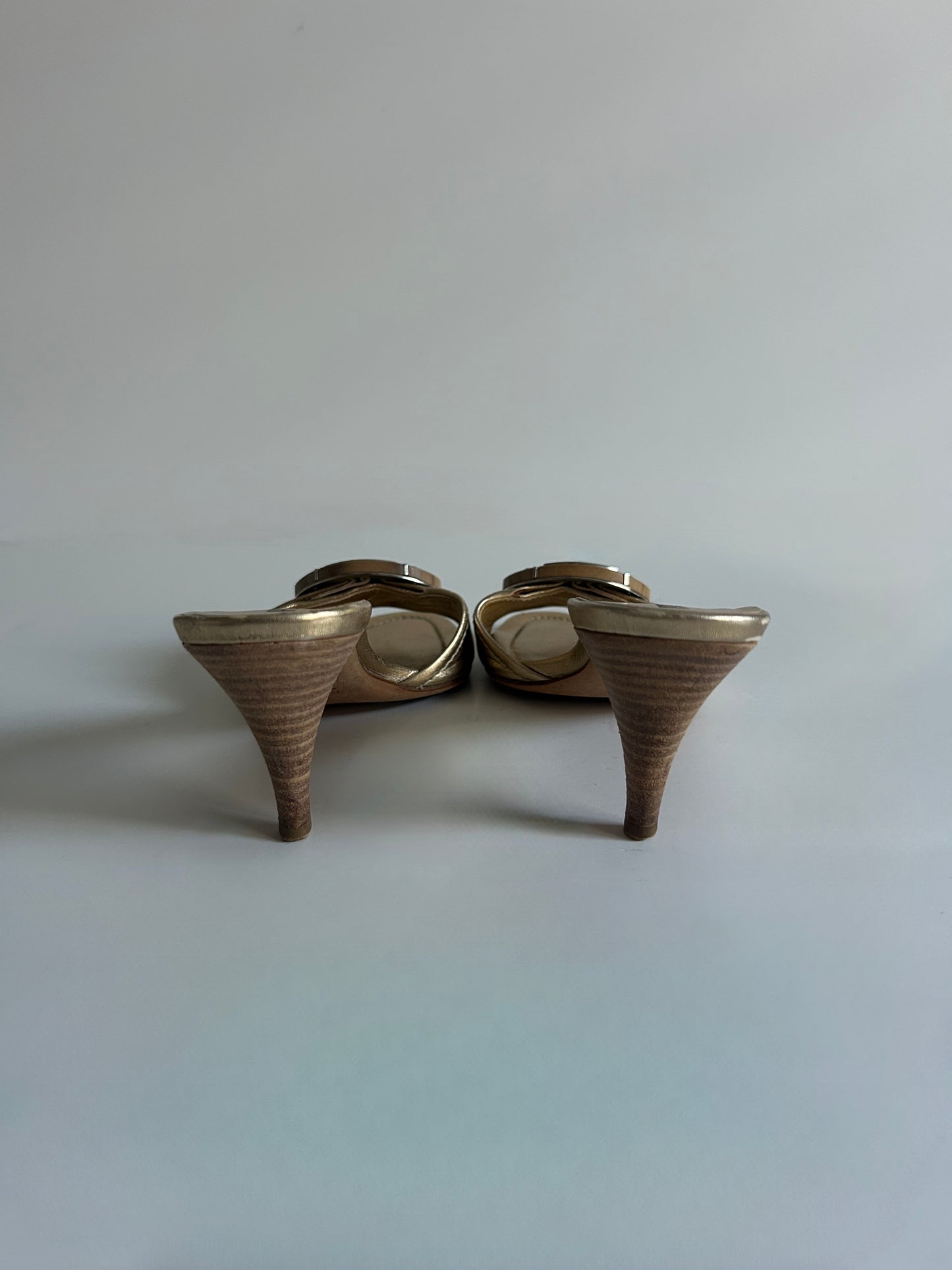 Designer Vintage Prada Metallic Gold Leather Buckle Mule Heels Size 36 Made in Italy Y2K