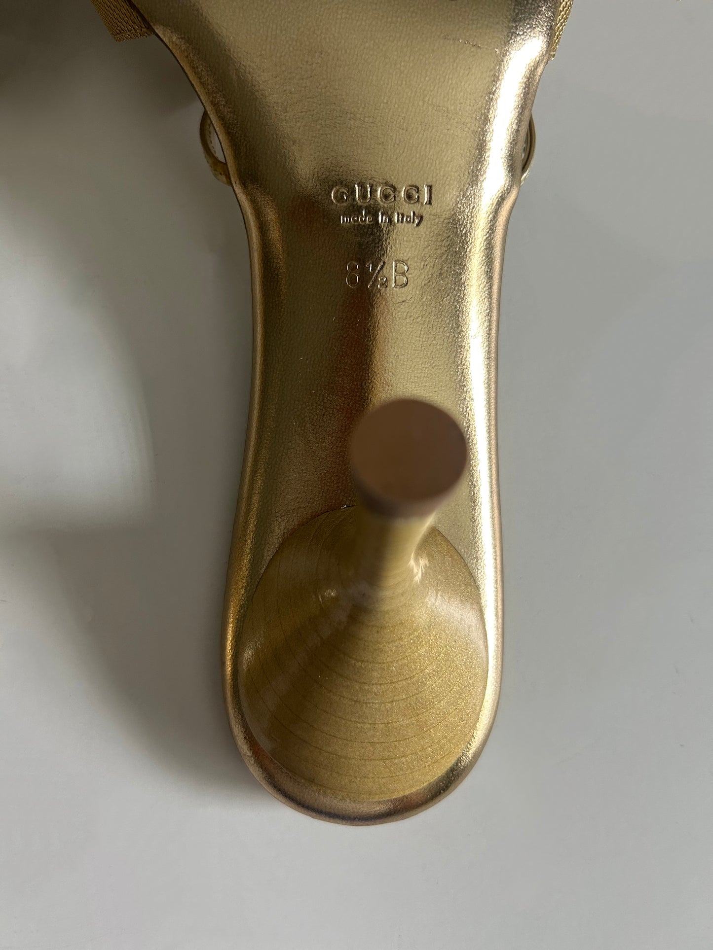 Vintage Gucci Tom Ford Era Gold Strappy Sandals Metallic Heels Made in Italy