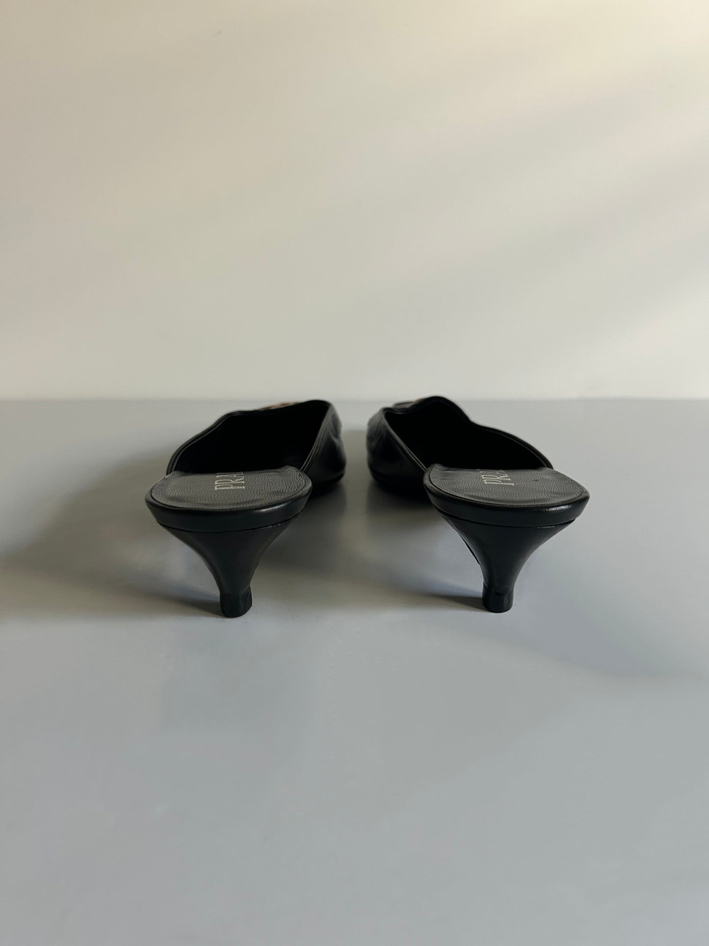Designer Vintage Prada Black Leather Grommet Mule Kitten Heels Y2K