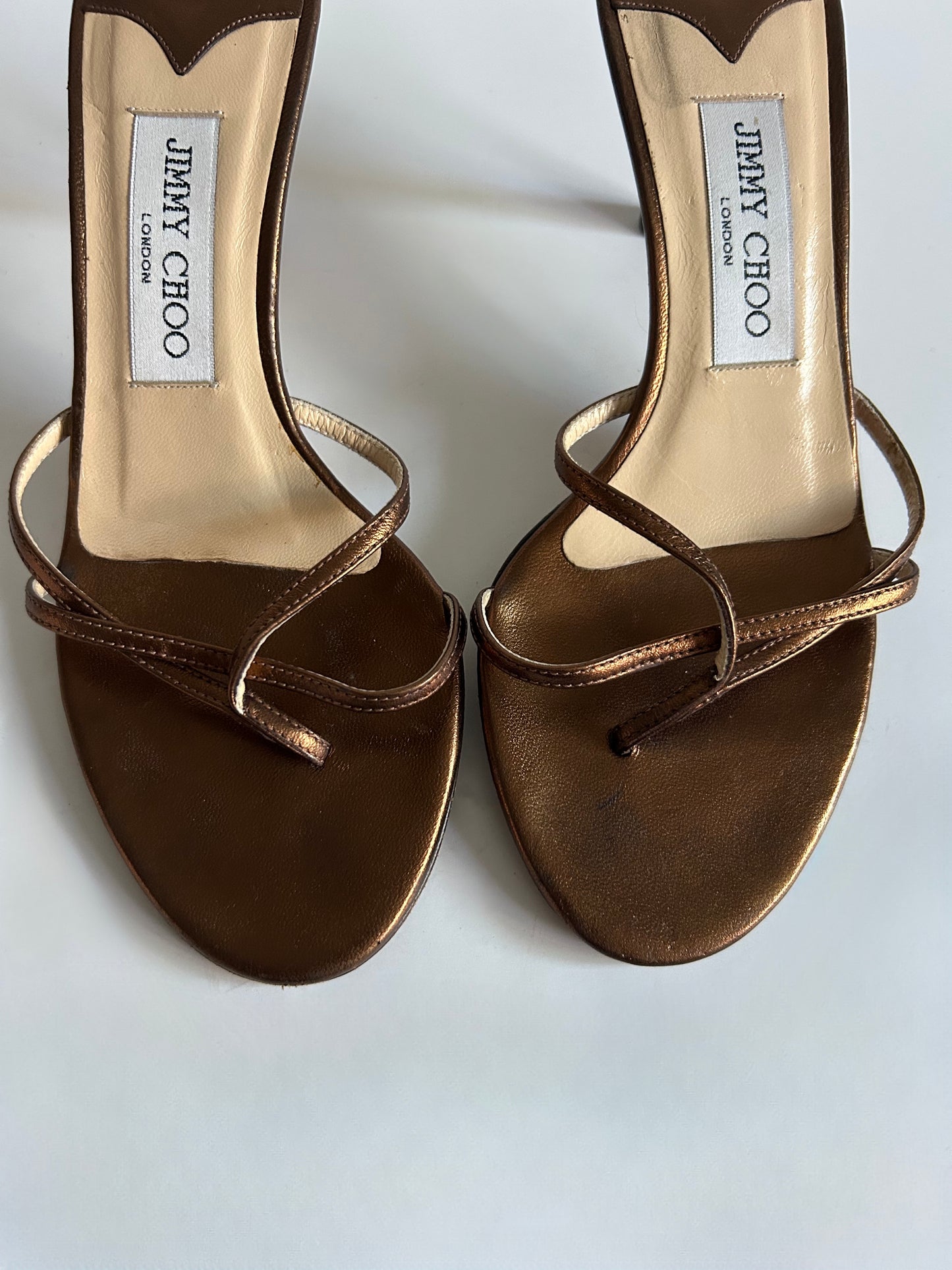 Designer Vintage Jimmy Choo London Metallic Bronze Strappy Mule Heels Y2K Sandals Made in Italy
