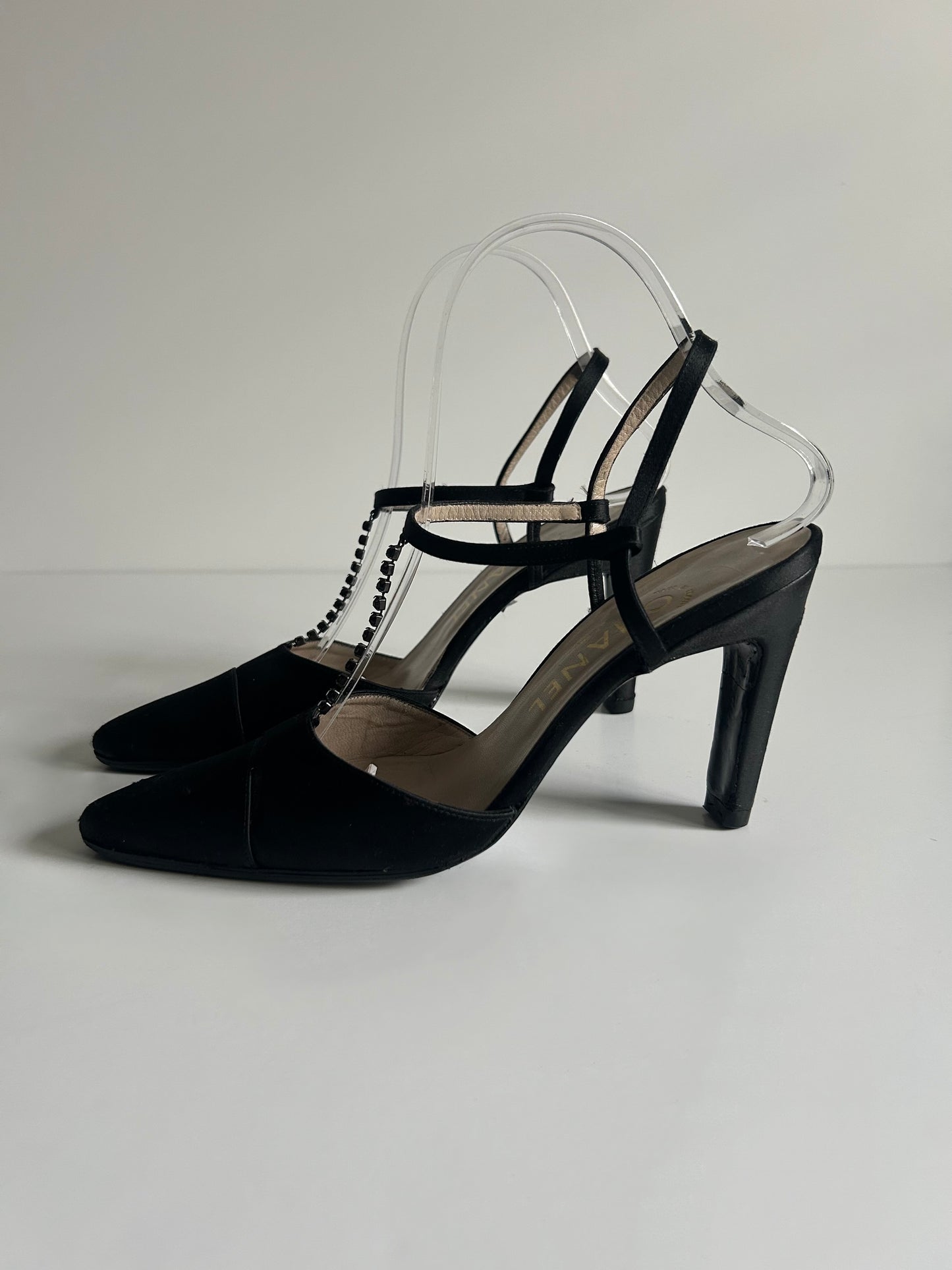 Designer Vintage Chanel Black Satin T-Strap Heels with Crystal Chain Detail - 1990s to early 2000s (Karl Lagerfeld era)