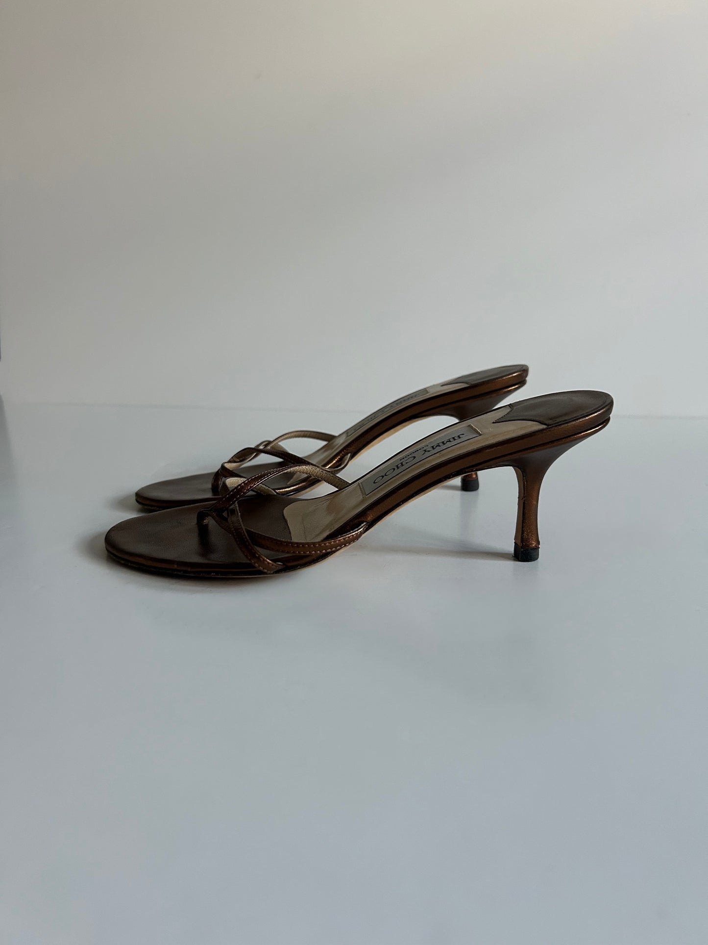 Designer Vintage Jimmy Choo London Metallic Bronze Strappy Mule Heels Y2K Sandals Made in Italy