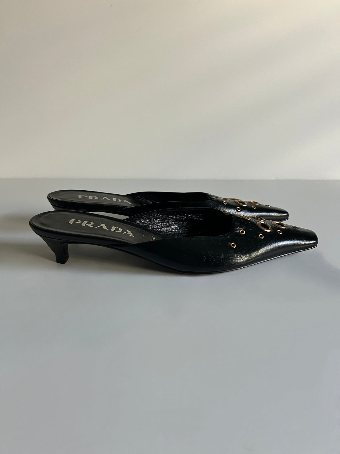 Designer Vintage Prada Black Leather Grommet Mule Kitten Heels Y2K