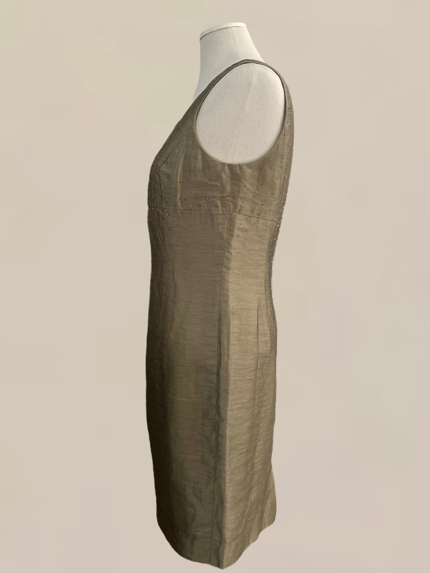 Vintage Olive Linen–Silk Beaded Square Neck Dress
