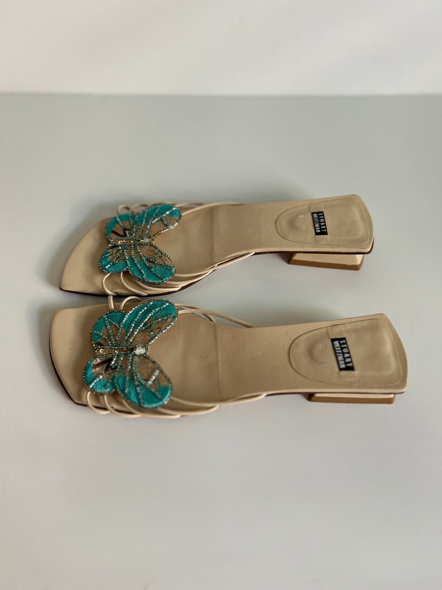 Designer Vintage Stuart Weitzman Butterfly Embellished Mule Heels Size 8 Beaded Y2K Sandals