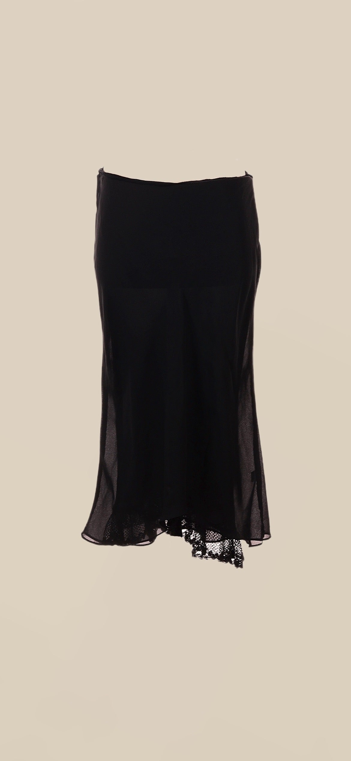 Vintage 90s Black Silk Midi Skirt with Lace Hem | Bias Cut Slip Skirt | Size Small