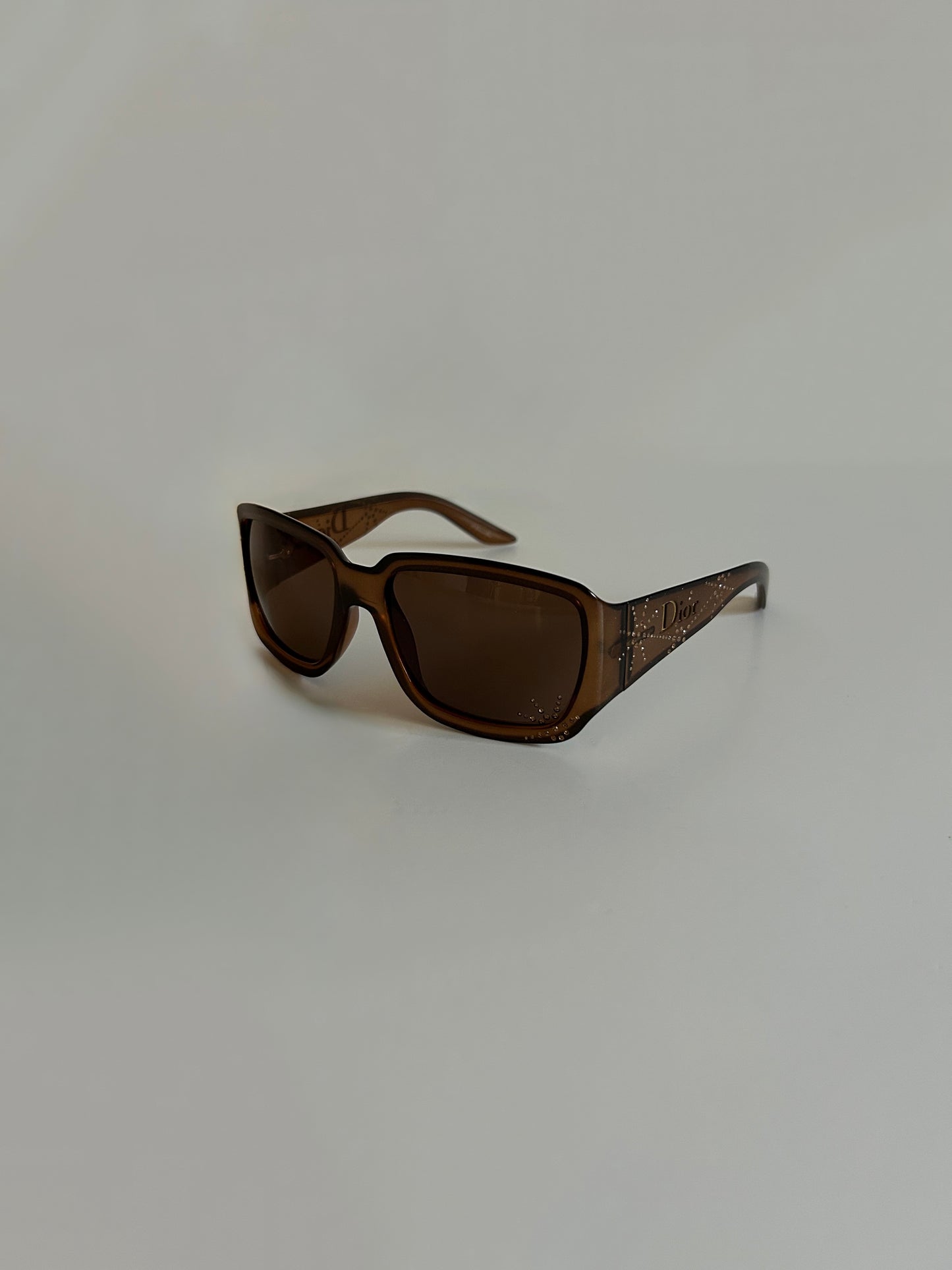 Designer Vintage Christian Dior Rhinestone Logo Sunglasses Y2K Brown Crystal Shield Temples