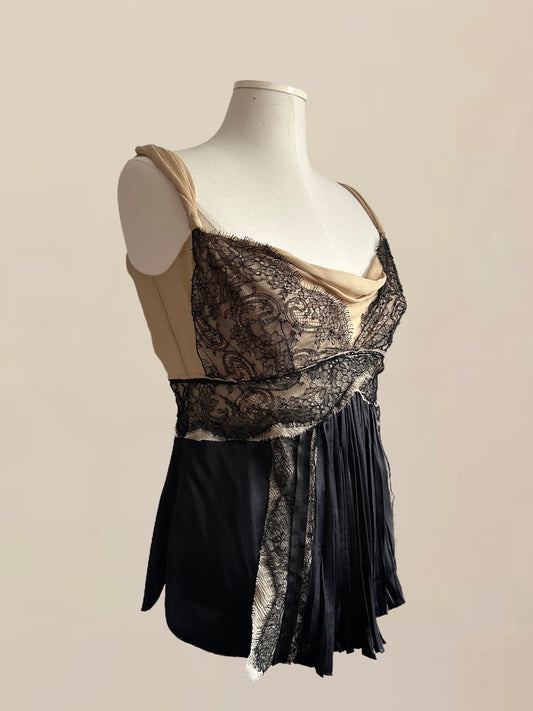 Designer Vintage Prada Silk & Lace Babydoll Top – Nude and Black IT 40