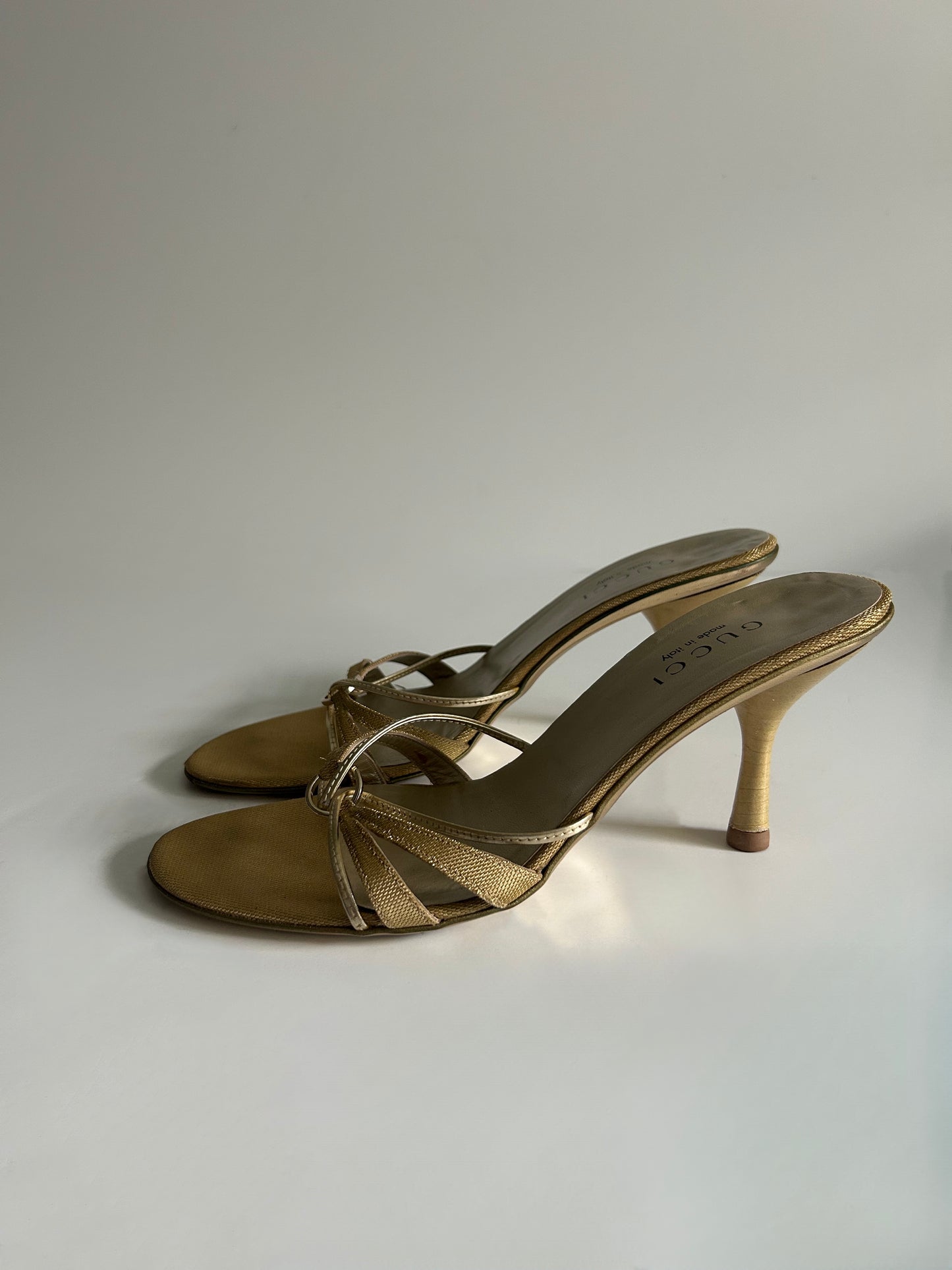 Vintage Gucci Tom Ford Era Gold Strappy Sandals Metallic Heels Made in Italy