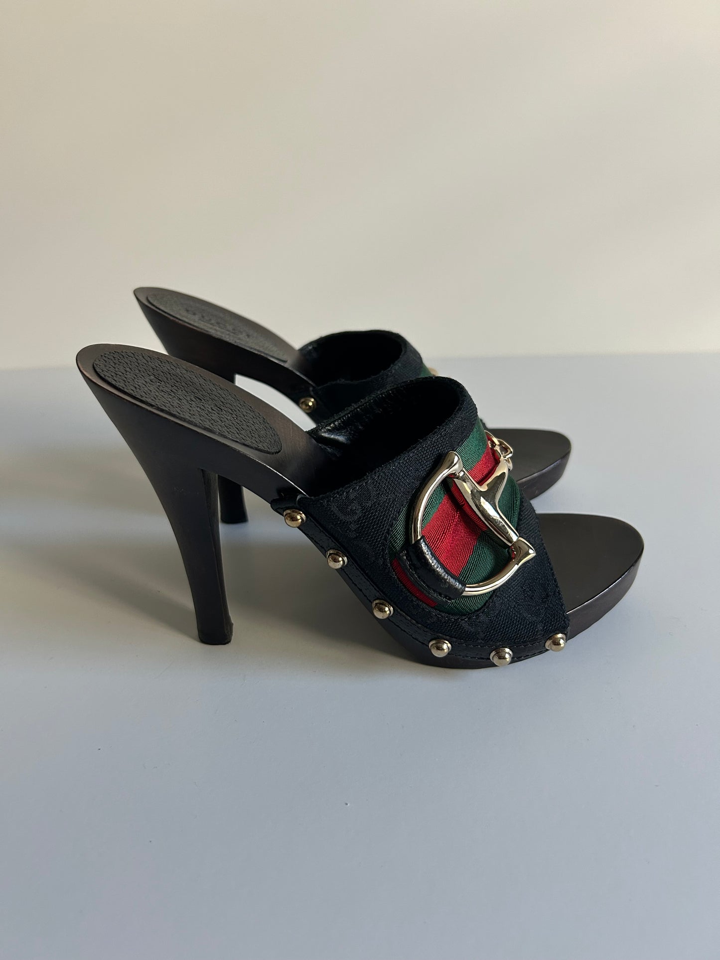Designer Vintage Gucci Web Stripe Horsebit Mule Heels – Black Canvas & Wood Clog – Early 2000s