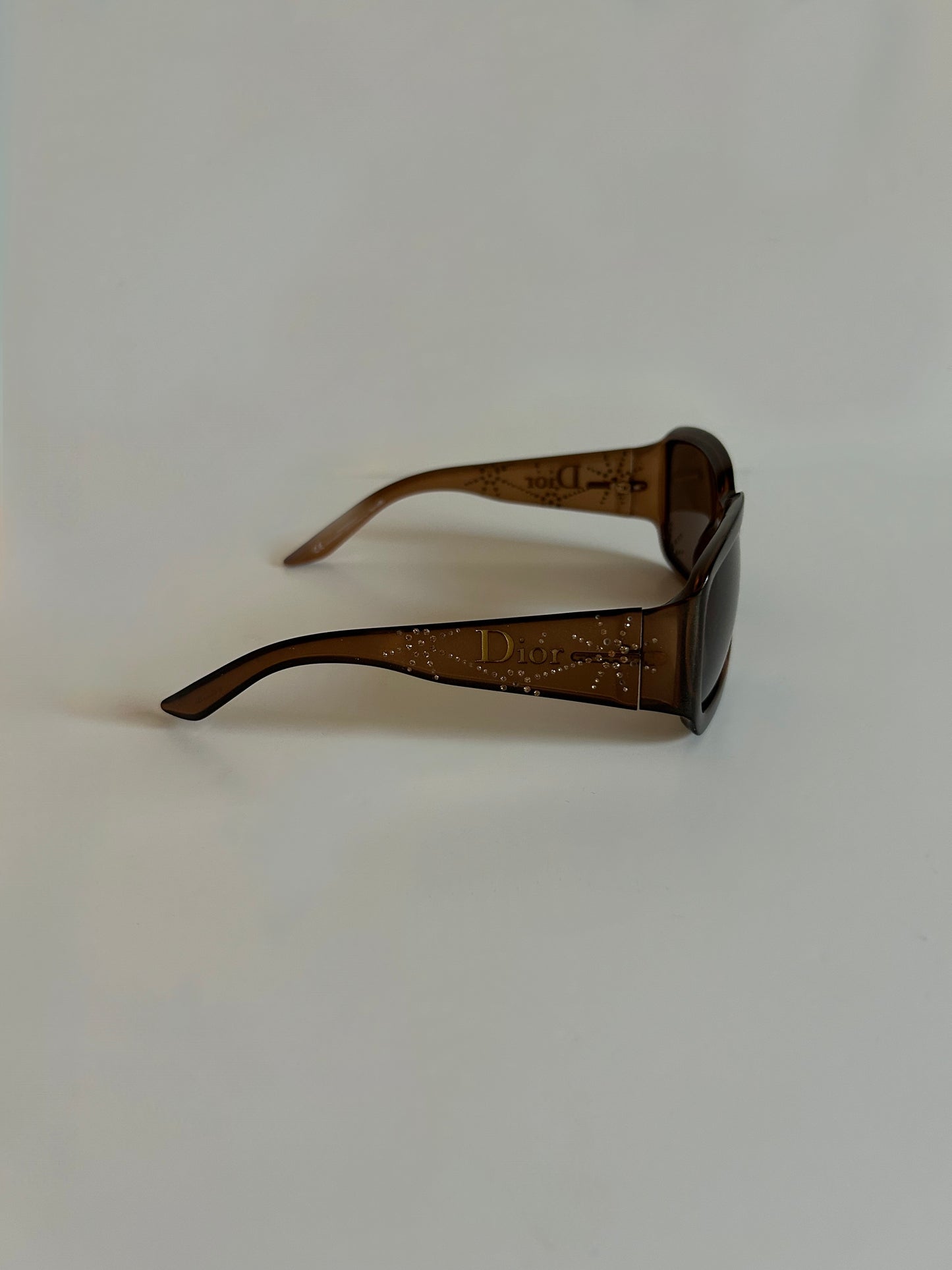 Designer Vintage Christian Dior Rhinestone Logo Sunglasses Y2K Brown Crystal Shield Temples