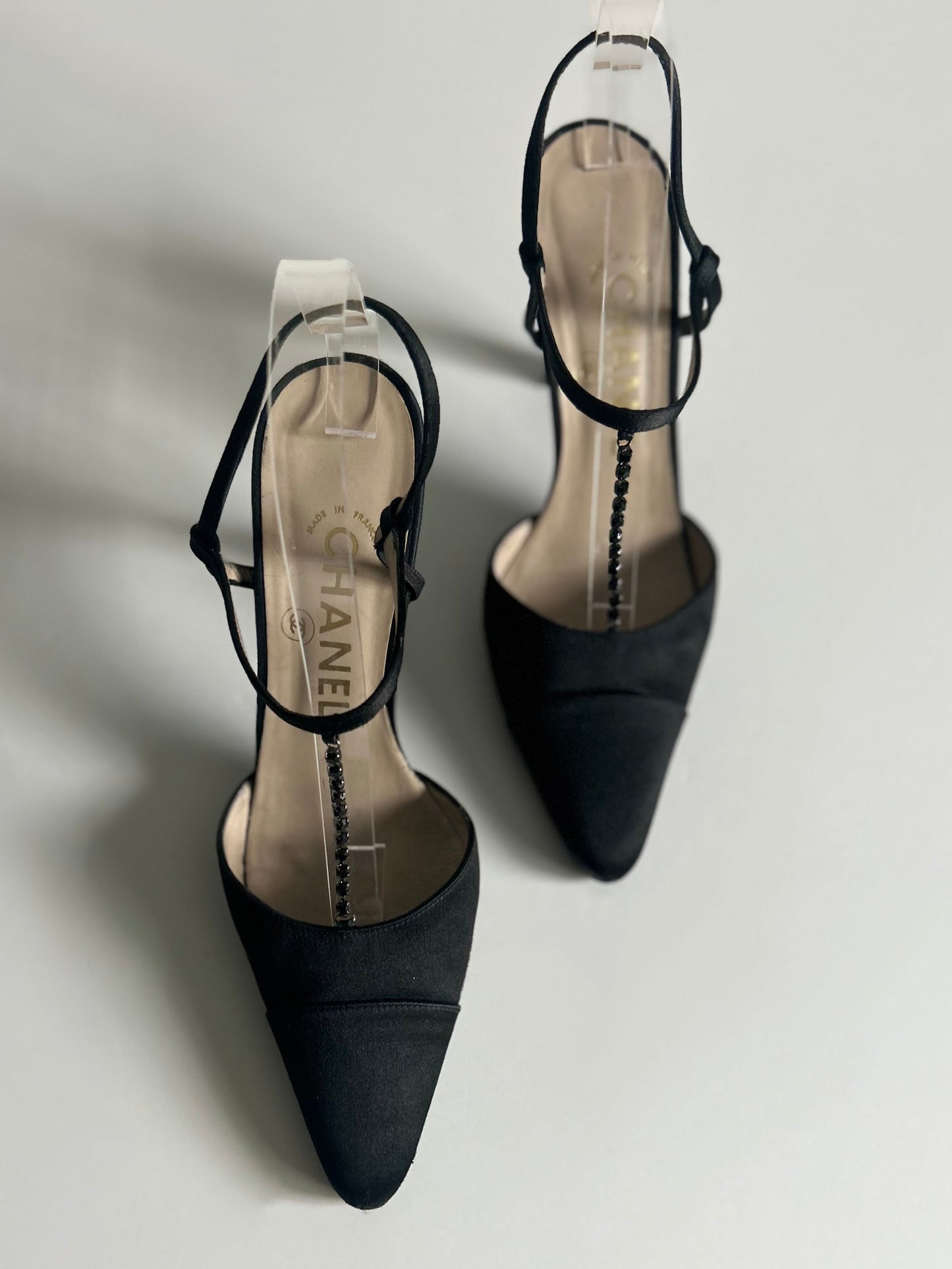 Designer Vintage Chanel Black Satin T-Strap Heels with Crystal Chain Detail - 1990s to early 2000s (Karl Lagerfeld era)