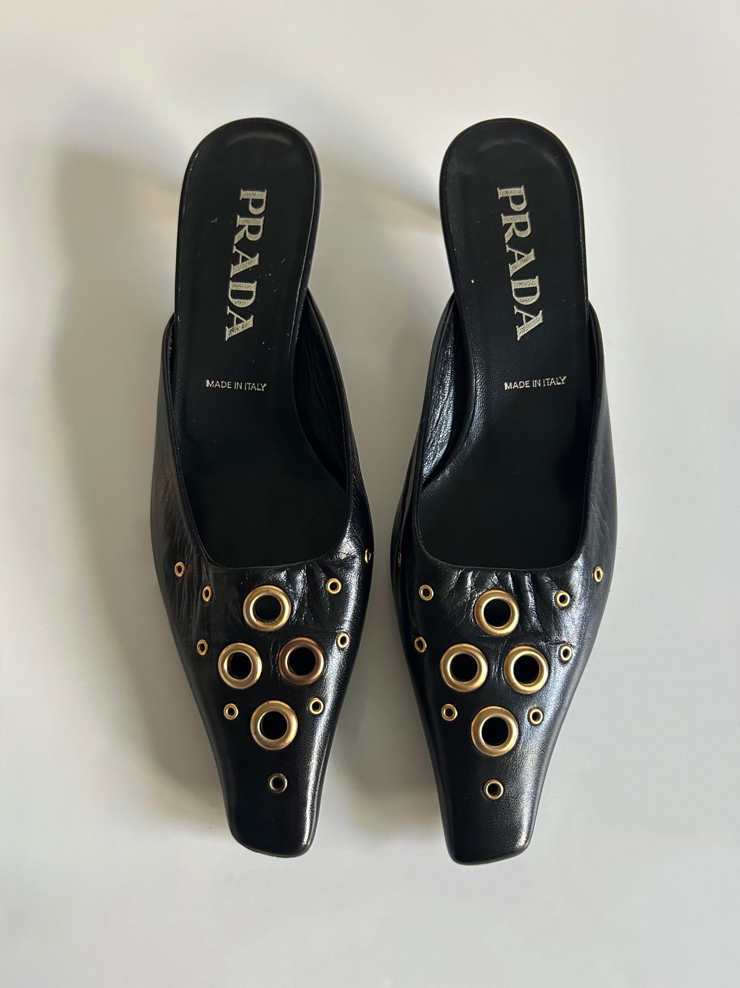 Designer Vintage Prada Black Leather Grommet Mule Kitten Heels Y2K