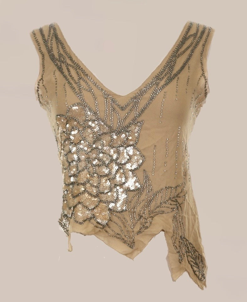 Vintage Bebe Beaded Silk Asymmetrical Top | Y2K Sequin Floral Tank