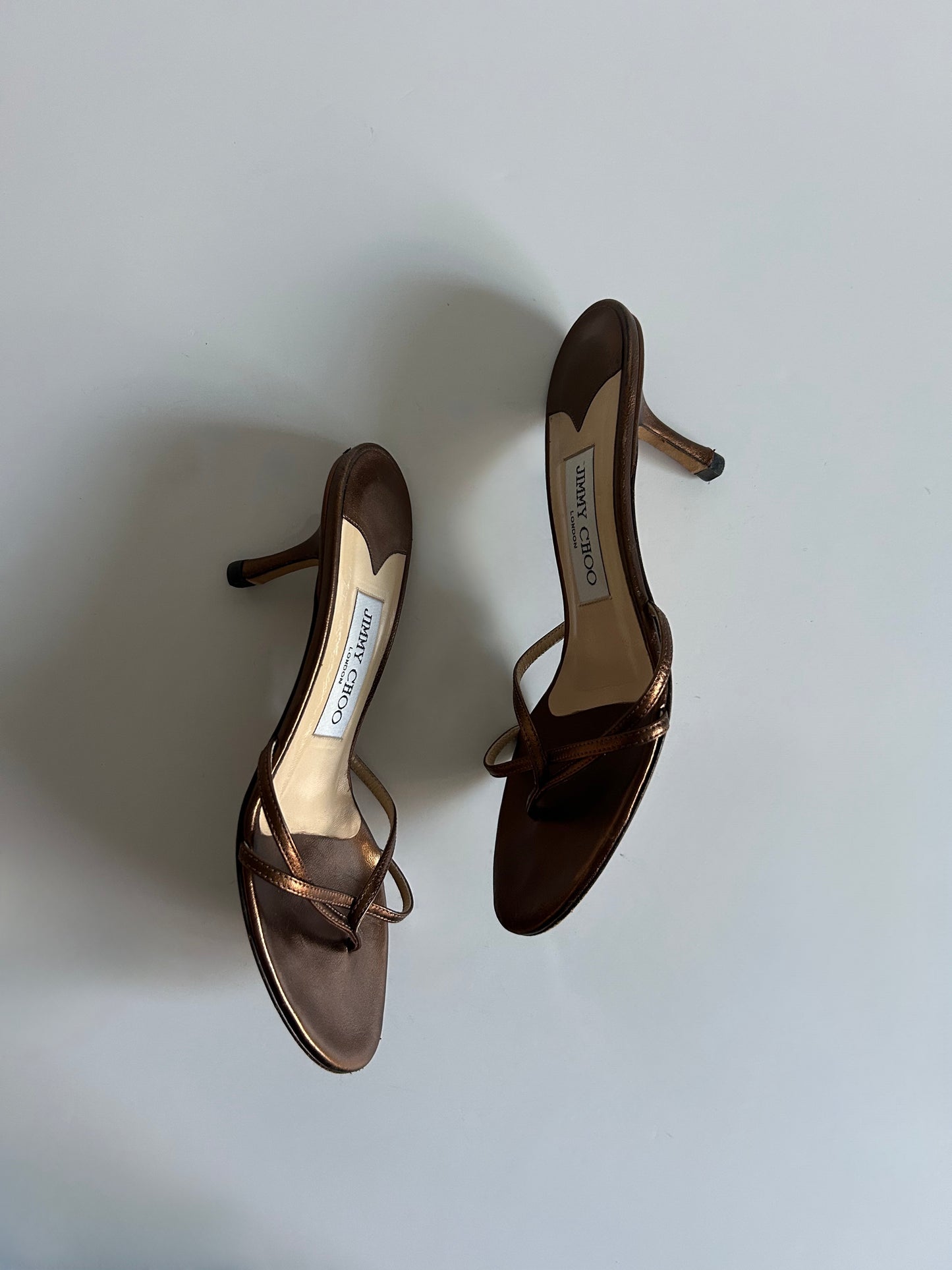 Designer Vintage Jimmy Choo London Metallic Bronze Strappy Mule Heels Y2K Sandals Made in Italy