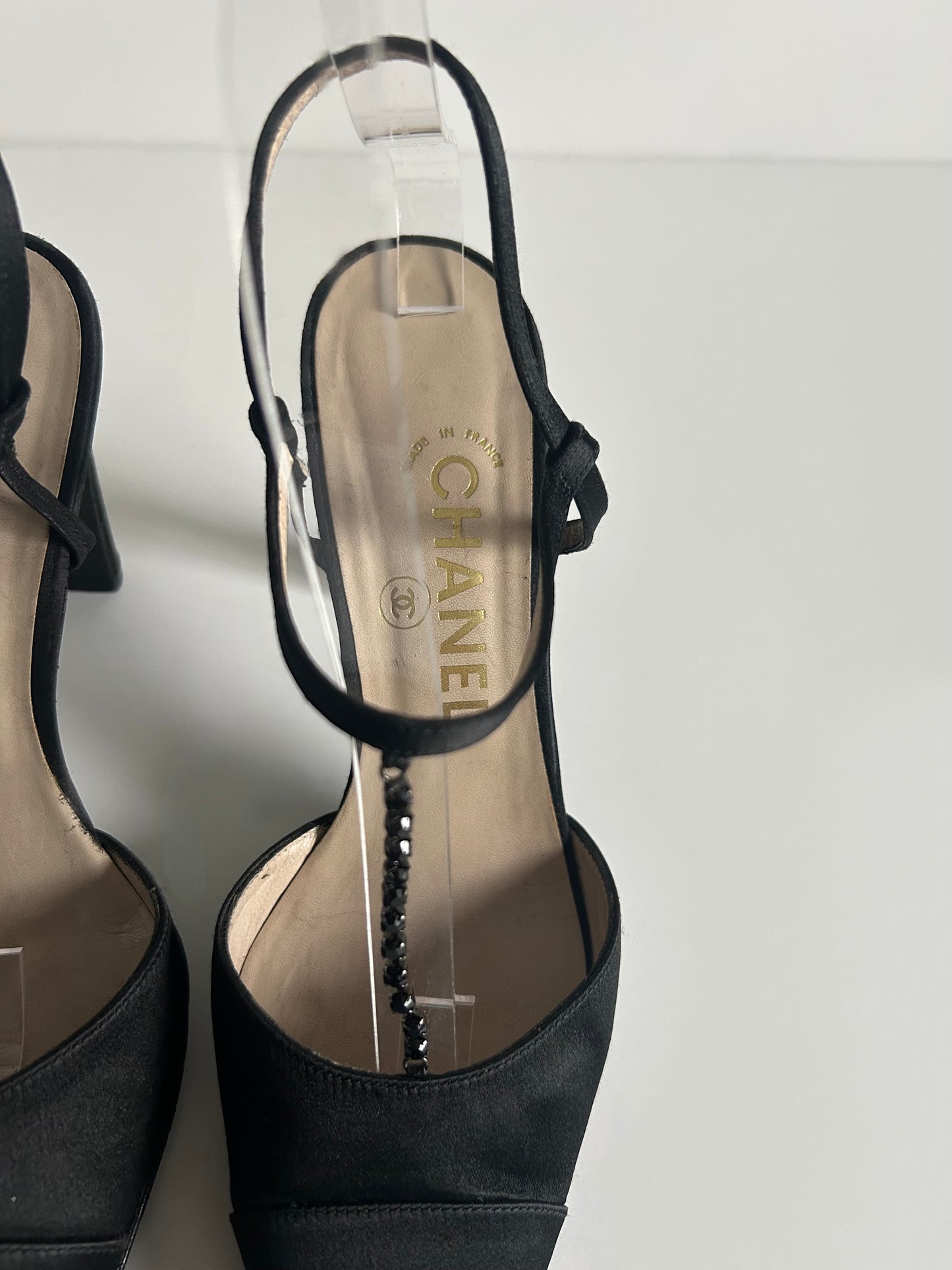 Designer Vintage Chanel Black Satin T-Strap Heels with Crystal Chain Detail - 1990s to early 2000s (Karl Lagerfeld era)