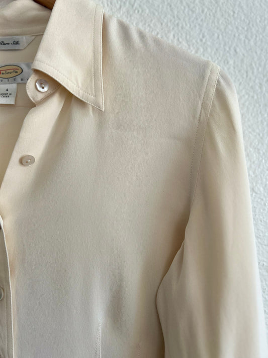 Vintage Silk Cream Button Down Blouse (Petite)