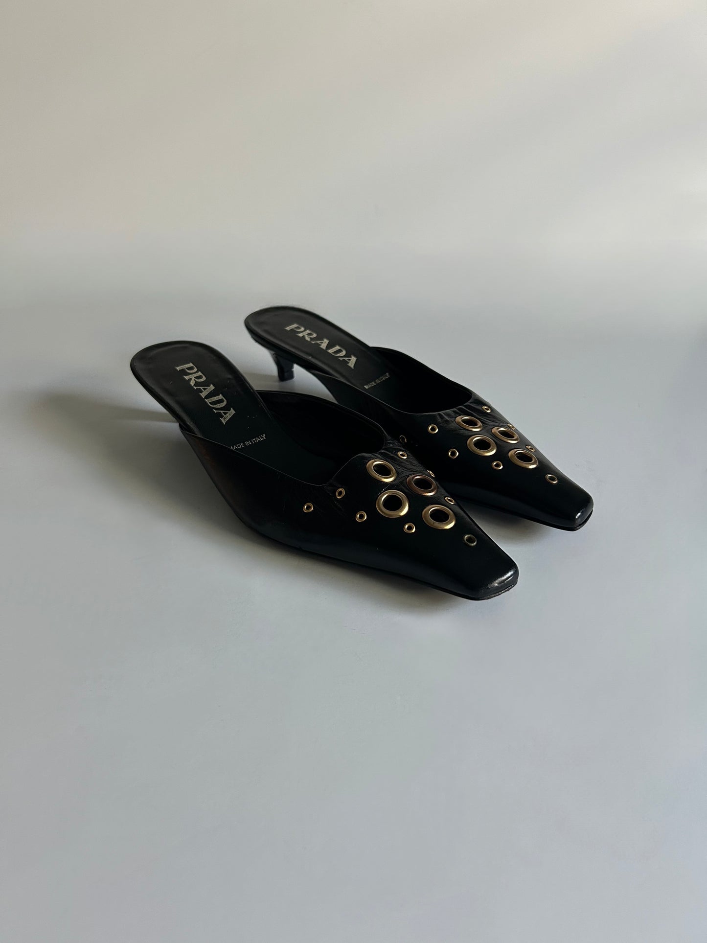 Designer Vintage Prada Black Leather Grommet Mule Kitten Heels Y2K