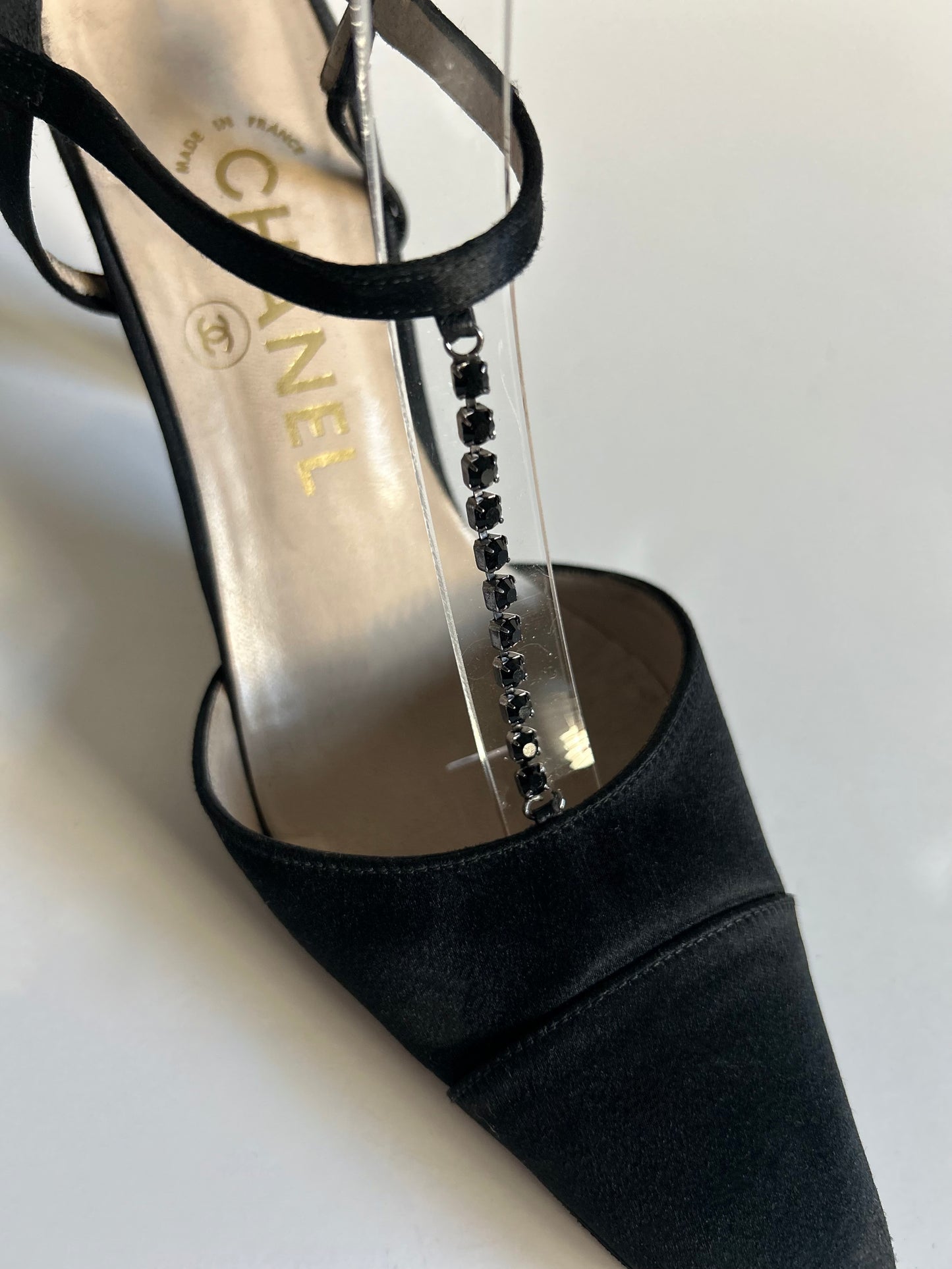 Designer Vintage Chanel Black Satin T-Strap Heels with Crystal Chain Detail - 1990s to early 2000s (Karl Lagerfeld era)